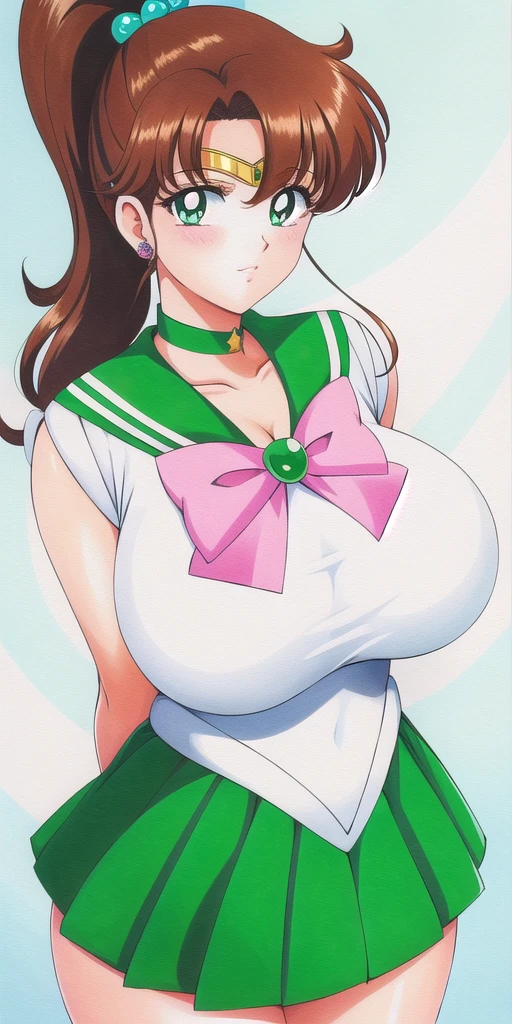 <lora:MakotoV1:0.7> kino_makoto, huge_breasts, standing, solo, White_leotard_Green_sailor_collar_Green_miniskirt_White_gloves_Green_choker_Pink_bowtie_Pink_back_bow_Circlet_Green_brooch_Short_sleeves, starry_sky,, masterpiece, best quality, detailed face, detailed eyes, highres,