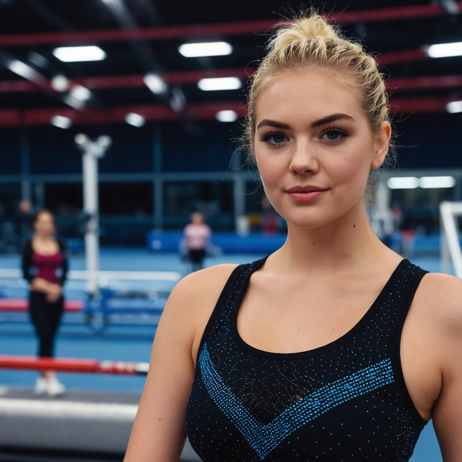 cinematic photo professional fashion close-up portrait photography of a beautiful ((ohwx woman)) at gymnastics gym during Midnight, Nikon Z9 <lora:kateupton_dh128_sdxxxl_v1:0.95> . 35mm photograph, film, bokeh, professional, 4k, highly detailed