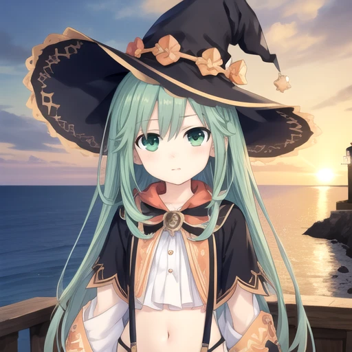 ((masterpiece)),(best quality),official art,extremely detailed CG,unity 8k wallpaper,ultra detailed,A lighthouse on a cliff by the sea,1girl,solo,upper body,(portrait:1.2),looking at viewer,natsumi (date a live),messy long hair,petite,long hair,hat,witch hat,striped,green eyes,green hair,thighhighs,navel,suspenders,socks,very long hair,shorts,<lora:Natsumi(dal)>,<lora:TSNeptunia-000045:0.5>,
