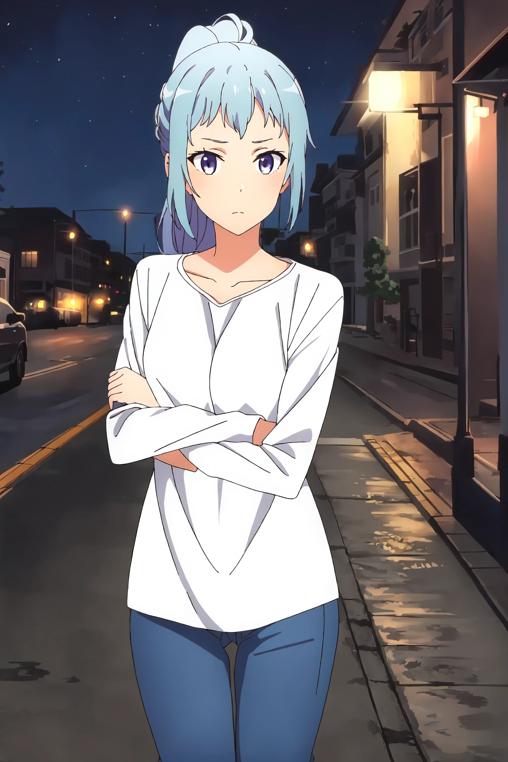 ((best quality)),((highly detailed)),masterpiece,absurdres,detailed face,beautiful face,(detailed eyes, deep eyes),(1girl),((dynamic pose)), 1girl, solo, <lora:SakiV1.4-000020:0.6>,saki, ponytail, long hair, blue hair, purple eyes, grey eyes, night walk, casual attire, streetlights, cityscape, serene atmosphere, moonlit path, relaxed demeanor, comfortable clothing, gentle breeze, urban tranquility, thoughtful expression, detailed face, serene posture, high quality, cowboy shot