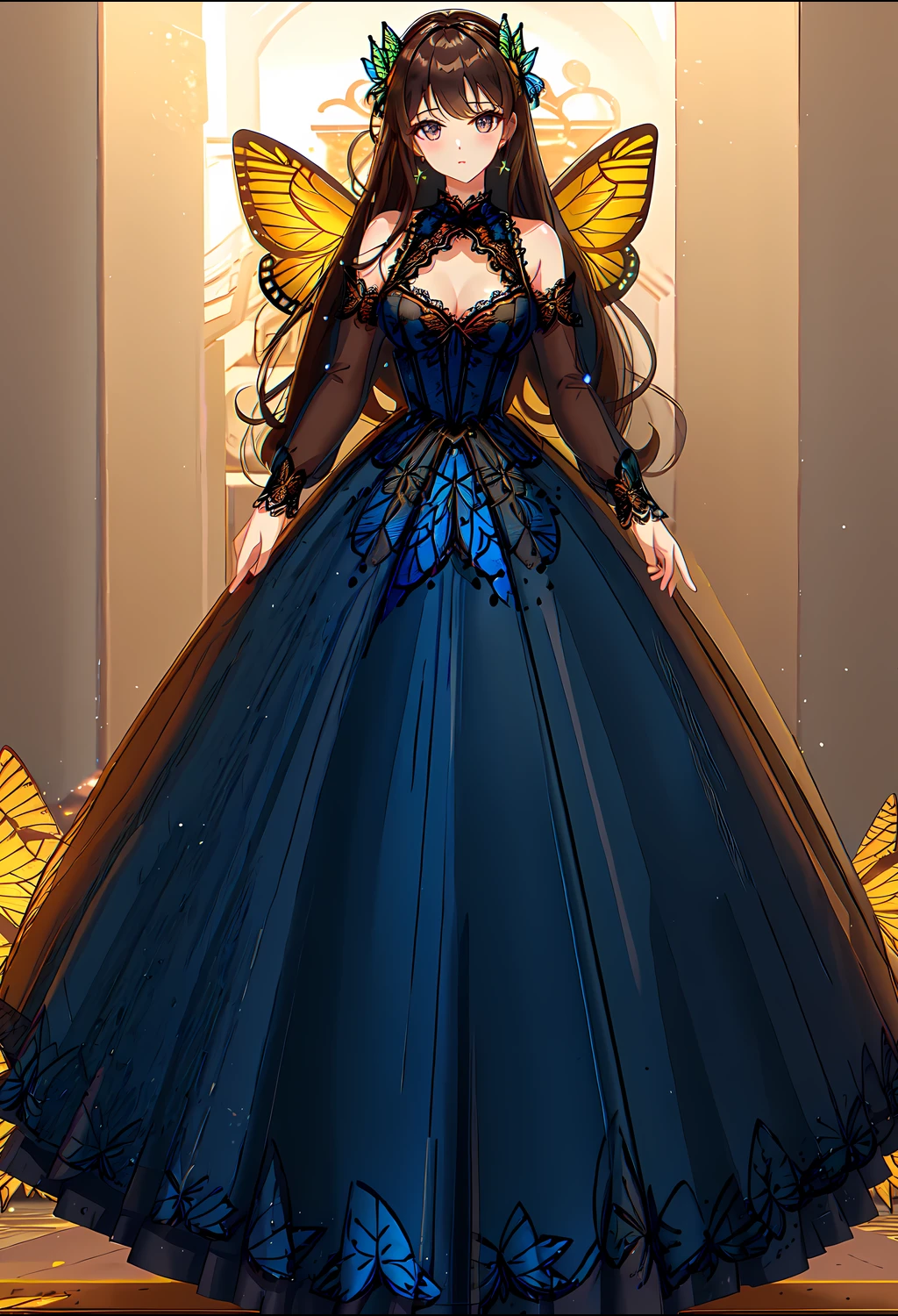 solo, girl, looking at viewer, half body, view from knees up, standing, standing straight, girl in full view, best quality, masterpiece, close up, small breasts, brunette, butterfly design, ball gown, long sleeve, long dress, lace bodice, hands behind back, hands hidden, <lora:Butterfly_clothing:2> <lora:Ball_gowns:1>