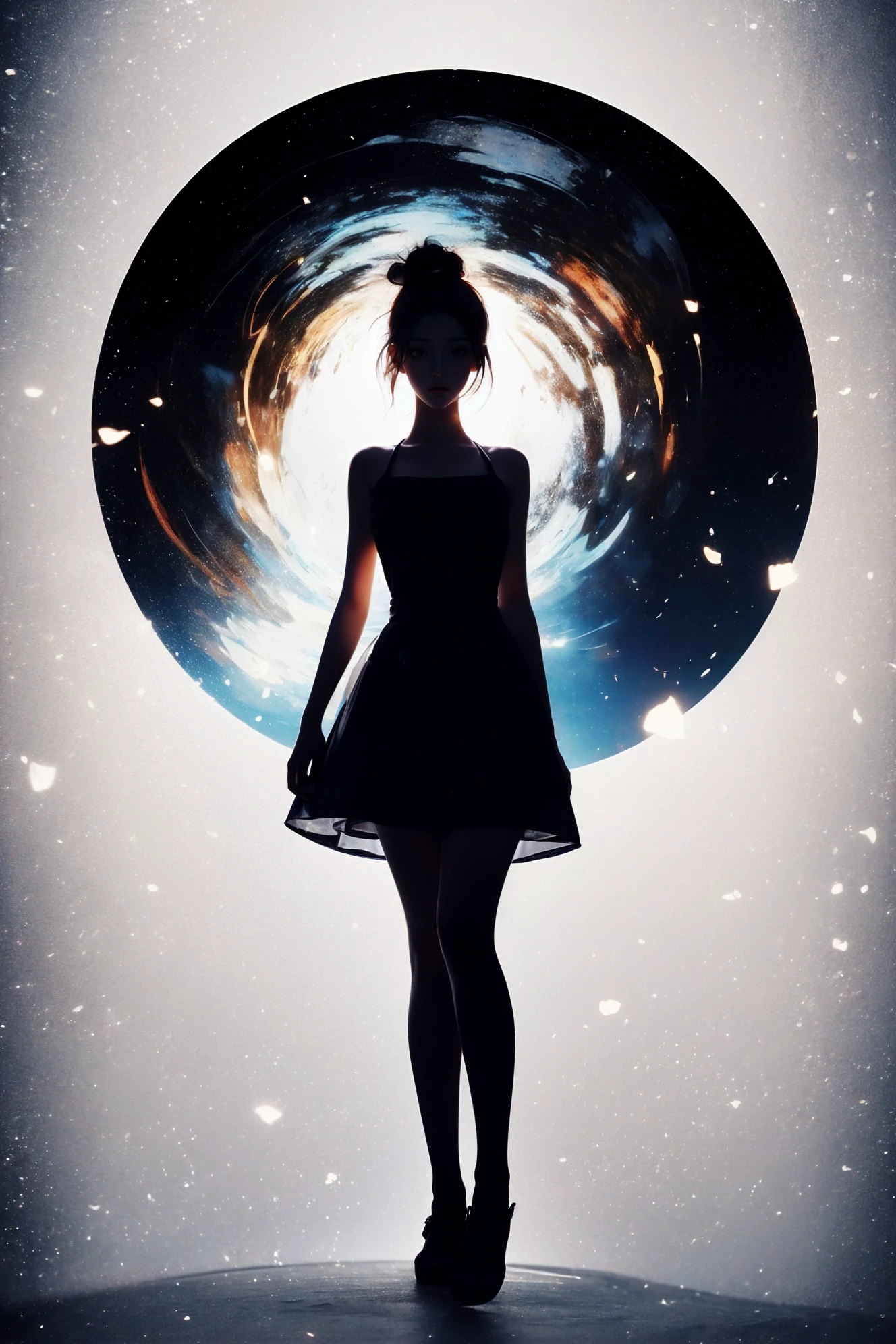 1girl, solo, see-through, dress, hair bun, full body, black background, simple background, colored skin, standing, white dress, black hair, see-through silhouette, short hair
<lora:~Q?-mAQI glowwave:0.7>