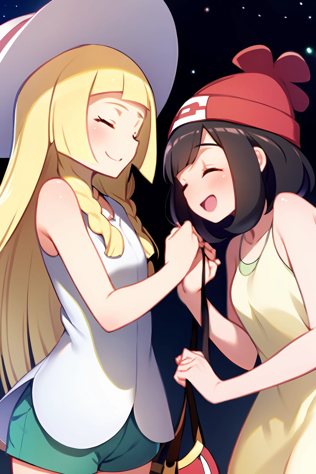 masterpiece, best quality, <lora:selene:1>,lillie (pokemon), multiple girls, hat, 2girls, blonde hair, black hair, selene (pokemon), long hair, green eyes, dress, sun hat, braid, open mouth, short hair, bag, sleeveless dress, closed eyes, sleeveless, beanie, white dress, twin braids, shorts, white headwear, night, sky, yuri, duffel bag, shirt, blush, red headwear, green shorts, smile