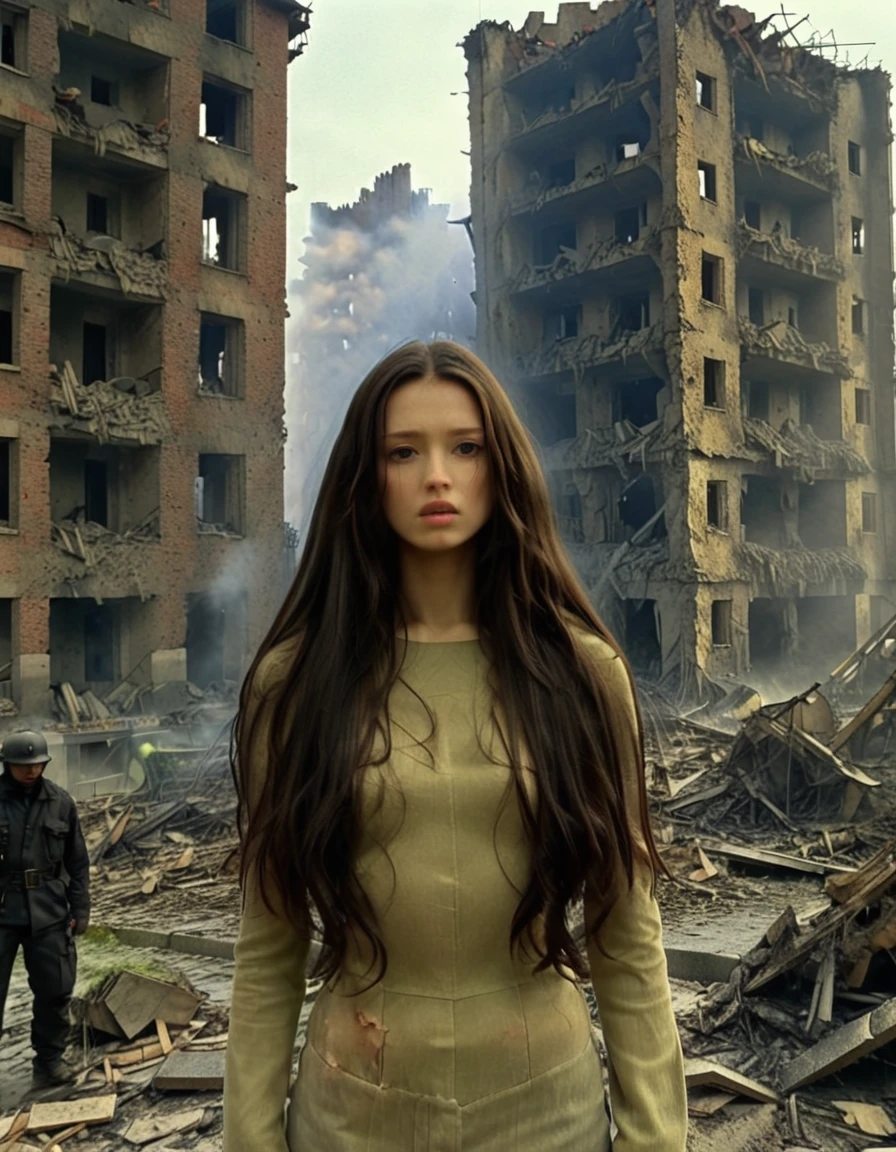 an underexposed film still from the front with atmospheric lighting, captured by zdzislaw beksinski; it is showcased a czech, of legal age, and fit princess, having a hazel-haired long hairstyle and a chiseled face; wearing worn-out clothes; standing with a relaxed pose amidst an explosive building collapse scene. <lora:DariaZXL5:1>