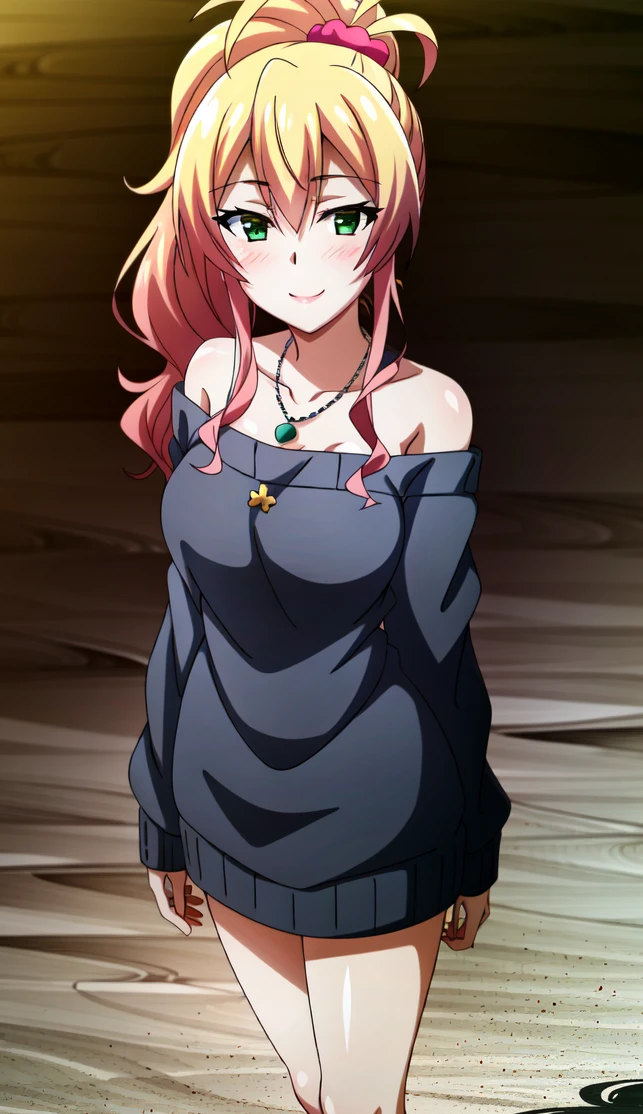 (extremely detailed CG unity 4k wallpaper),(anime coloring),(masterpiece),(best quality),(ultra-detailed),(best illustration),(best shadow),(absurdres),(detailed background), <lora:OGT_Yukana_Yame-v3:0.7> Yukana Yame, 1girl, solo, green eyes, sweater, boots, blonde hair, jougasaki mika, high heel boots, polka dot, full body, knee boots, off-shoulder sweater, off shoulder, high heels, black footwear, ponytail, standing, looking at viewer, pink hair, smile, long hair, bare shoulders, breasts, blush, medium breasts, jewelry, sweater dress, collarbone, hair between eyes, necklace, scrunchie, hair ornament