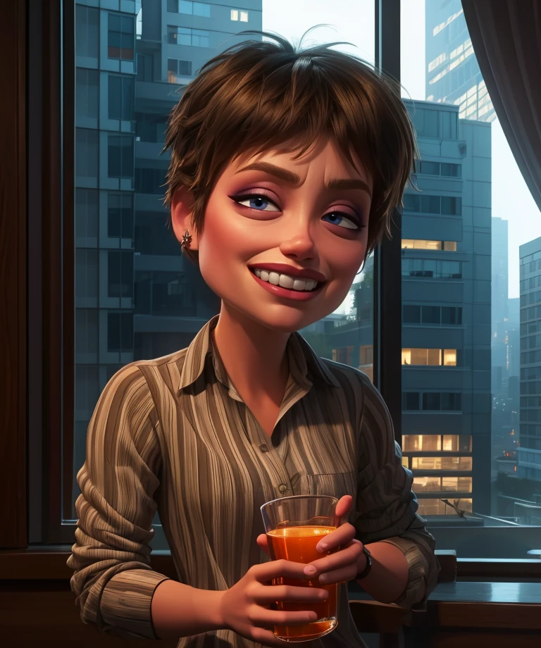 Evelyn,short brown hair,makeup,eyes half open,upper body,looking at viewer,vertical-striped shirt and pants,grin,
holding cup,tipsy,tall building,window,indoors,
stars,nighttime,
(insanely detailed, beautiful detailed face, masterpiece, best quality) cinematic lighting,<lora:Evelyn:0.8>,