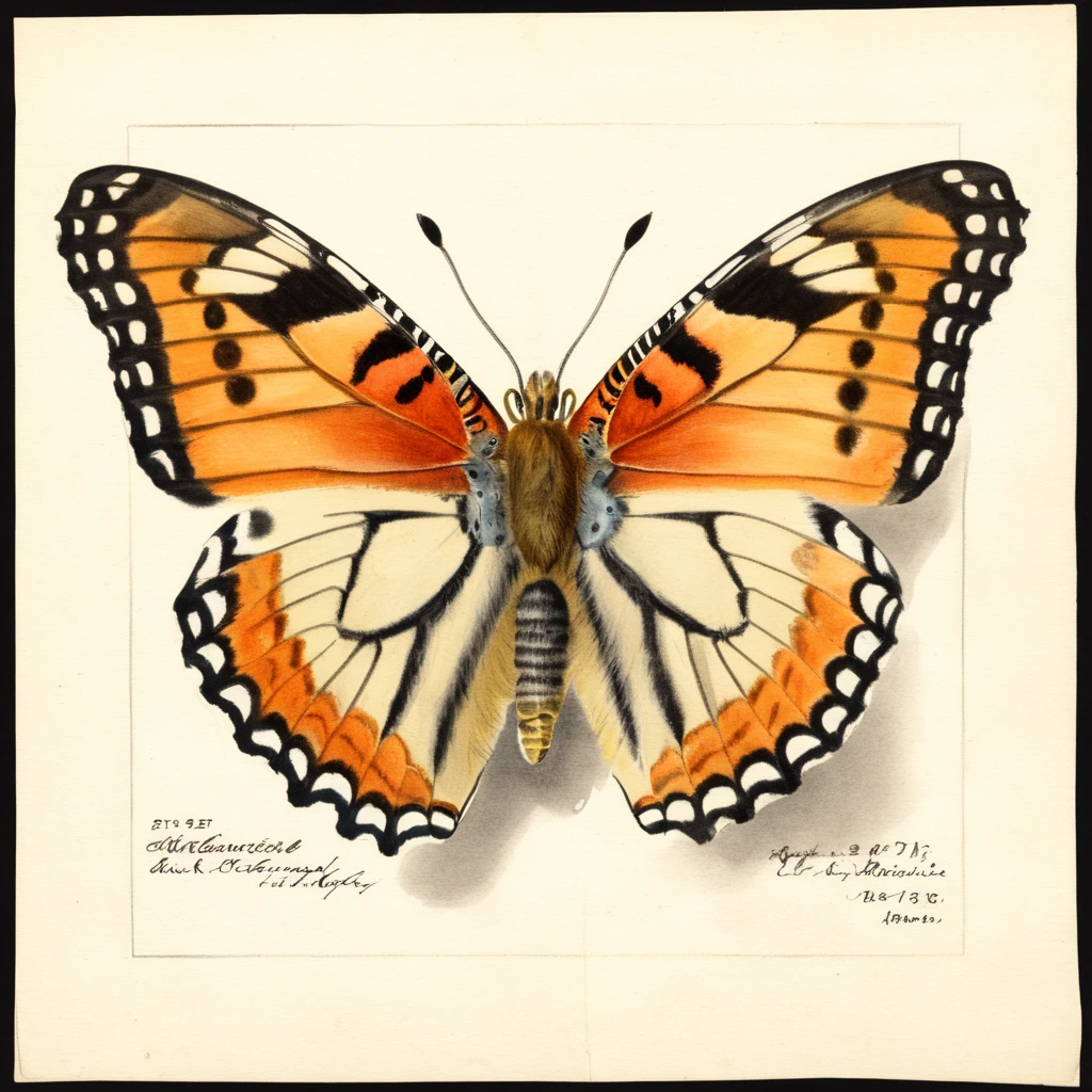 illustrative drawing of a ANATOMY OF A butterfly, anatomy, pomological watercolor <lora:PomologicalConfig4DebWITHTE4RP:1>
