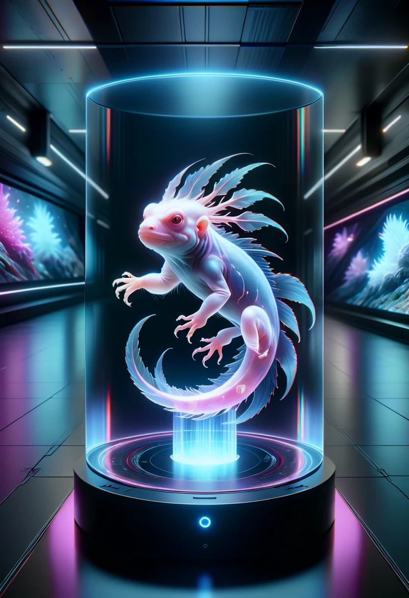 hyper detailed masterpiece, dynamic, awesome quality,hyperrealism,fusion of axolotl,hantu ekor,gorilla , on a DonMH010D15pl4yXL holographic display <lora:DonMH010D15pl4yXL-000008:1>