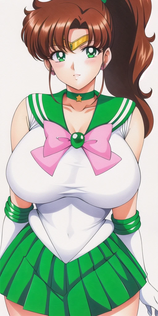 <lora:MakotoV1:0.7> kino_makoto, huge_breasts, standing, solo, White_leotard_Green_sailor_collar_Green_miniskirt_White_gloves_Green_choker_Pink_bowtie_Pink_back_bow_Circlet_Green_brooch_Short_sleeves, masterpiece, best quality, detailed face, detailed eyes, highres,