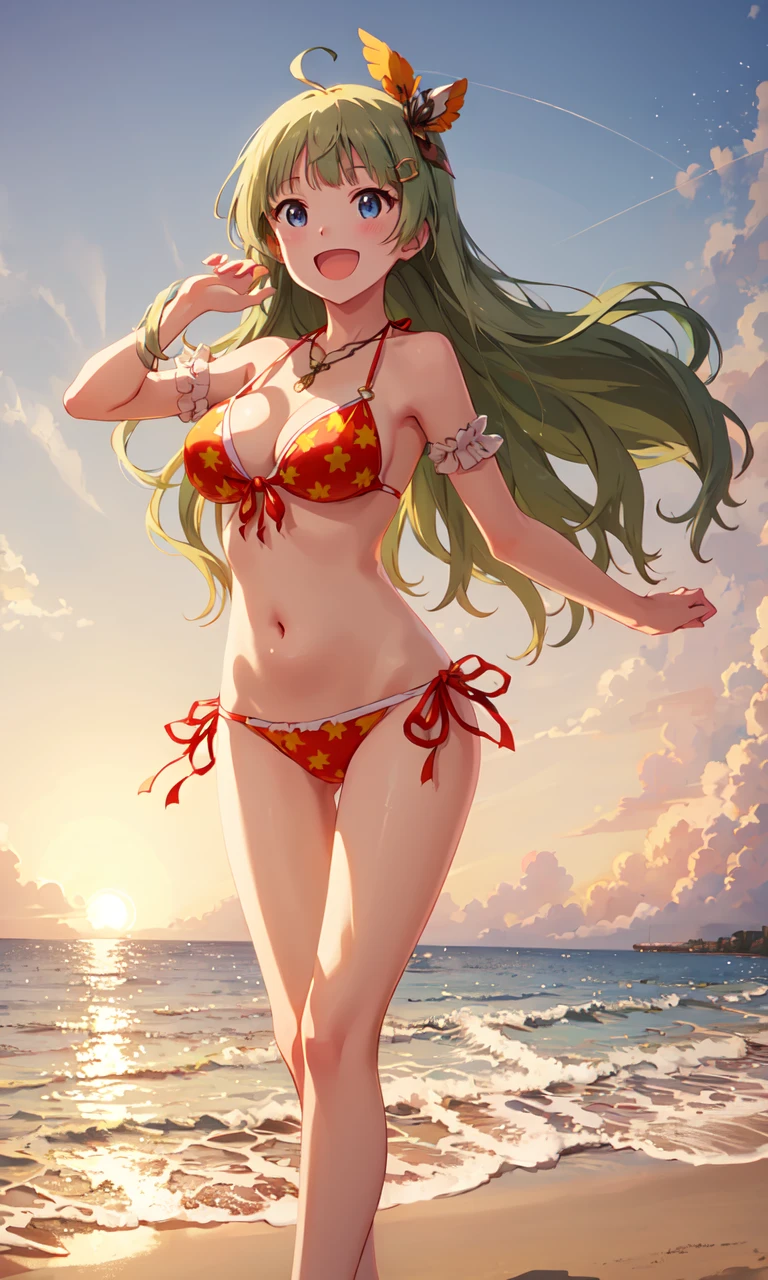 elena shimabara (million live), long hair, (best quality, 8K, masterpiece, ultra detailed:1.2)
light particles, wide shot, full body, standing, sunset, orange sky, seaside, dappled sunlight, gradient background, gradient sky, :d, full body,
1girl, solo, smile, blush, dynamic pose, side-tie bikini bottom, front-tie bikini top, hair ornament, armlet, necklace,