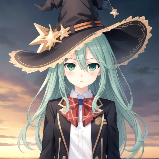 ((masterpiece)),(best quality),official art,extremely detailed CG,unity 8k wallpaper,ultra detailed,A lighthouse on a cliff by the sea,1girl,solo,upper body,(portrait:1.2),looking at viewer,natsumi (date a live),witch hat,messy long hair,green hair,green eyes,bangs,blush,hair between eyes,floating hair,black thighhighs,black jacket,white shirt,pleated skirt,school uniform,zettai ryouiki,loafers,<lora:Natsumi(dal)>,<lora:TSNeptunia-000045:0.5>,