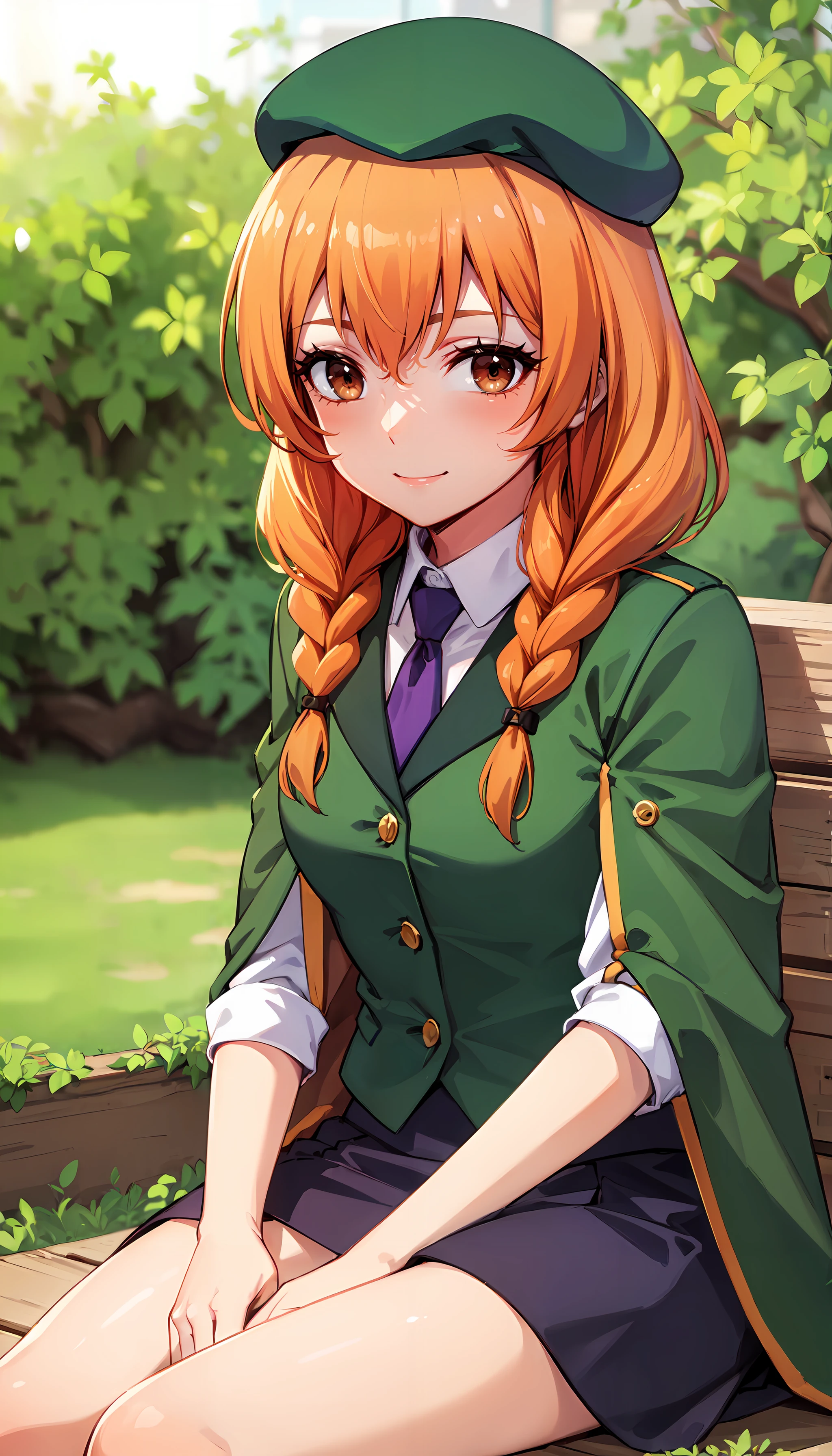 photorealistic, (4k), depth of field, (Masterpiece), (realistic skin texture), extremely detailed, intricate, hyper detailed, professional photography, bokeh, high resolution, sharp detail, best quality, girl, <lora:Ange-000004:0.7> , green coat, green hat, orange hair, twin braids, purple skirt, brown eyes, purple tie, sitting ,