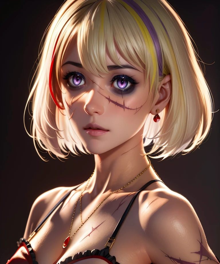 evaroux,short hair,streaked hair,X scar on face,stitches,purple eyes,blonde hair,
jewelry,red dress,torn dress,collarbone,elbow gloves,necklace,earrings,red gem,
standing,upper body,
(insanely detailed, beautiful detailed face, masterpiece, best quality),<lora:evaroux-11CV:0.9>,