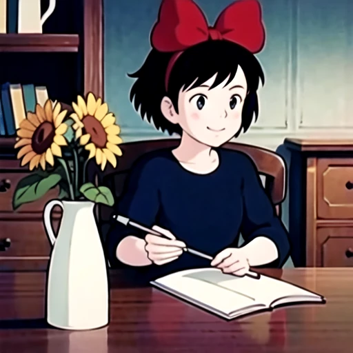 (masterpiece:1.2), best quality, masterpiece, highres, original, extremely detailed wallpaper, perfect lighting,(extremely detailed CG:1.2), drawing, paintbrush,1girl, black hair, bow, chair, desk, dress, flower, hair bow, hairband, holding flower, kiki, monitor, phonograph, red bow, short hair, signature, smile, solo, sunflower, table, vase, yellow flower, <lora:qiqi:0.55>