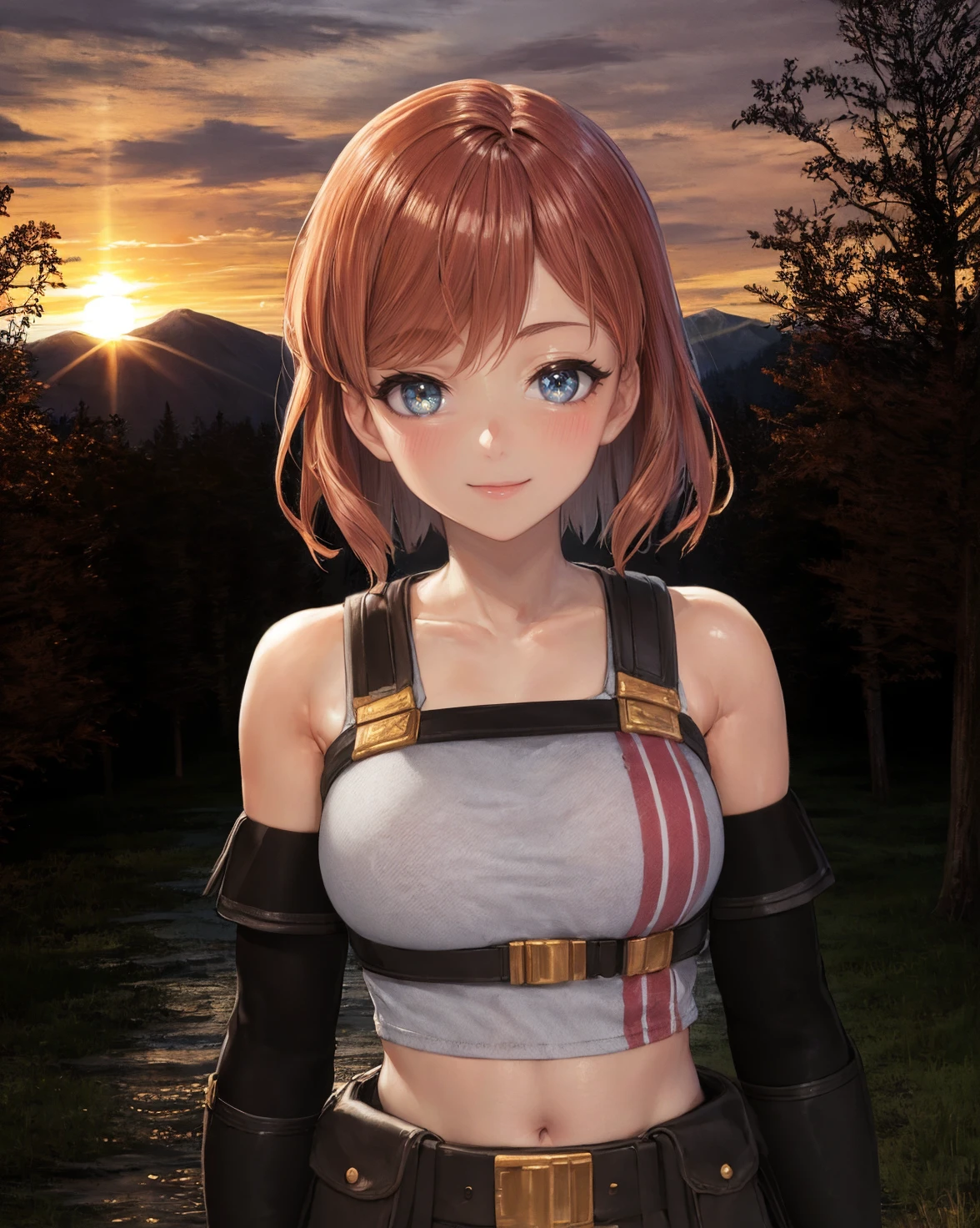 best quality, (masterpiece:1.2), illustration, absurdres, <lora:deluster2:-1>, <lora:hairdetailer:0.5>, <lora:boldline:-1>, <lora:flat2:0.7>, particles, sparkles,
(1girl, solo, beautiful detailed girl), (upper body, portrait),
<lora:Regina-000008:0.9>, Regina, brown hair, blue eyes, medium breasts,
bare shoulders, white vest, vest, gloves, pants, boots, black footwear, belt, harness,
looking at viewer, smile,
magical forest, flowers, distant mountains, sky, sunset, golden hour,