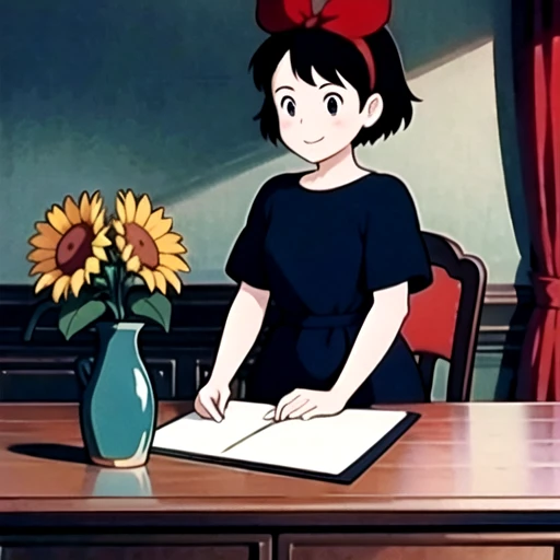 (masterpiece:1.2), best quality, masterpiece, highres, original, extremely detailed wallpaper, perfect lighting,(extremely detailed CG:1.2), drawing, paintbrush,1girl, black hair, bow, chair, desk, dress, flower, hair bow, hairband, holding flower, kiki, monitor, phonograph, red bow, short hair, signature, smile, solo, sunflower, table, vase, yellow flower, <lora:qiqi:0.55>