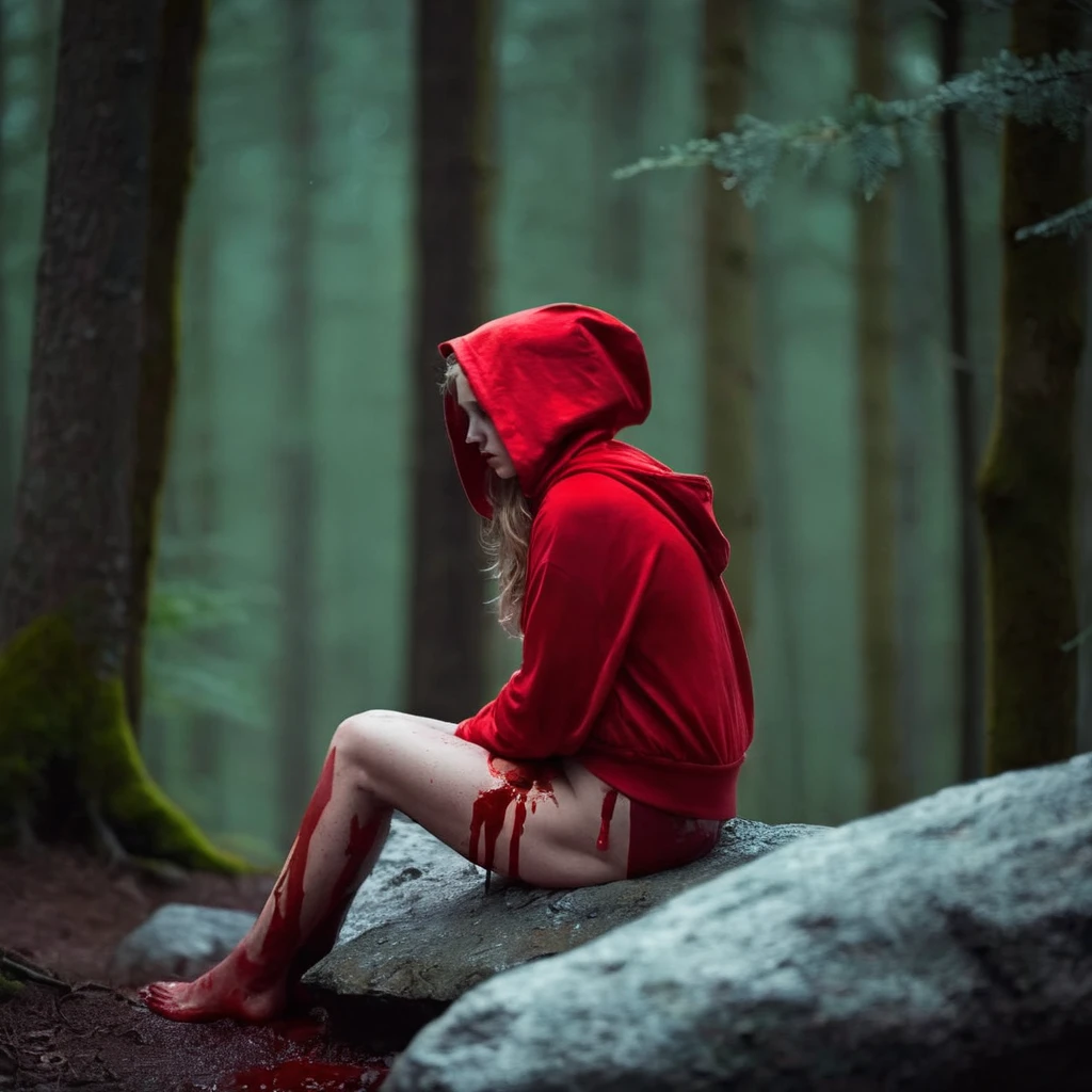 cinematic film still of <lora:Little Red Riding Hood style:1>
In The Woods Little Red Riding Hood a naked woman in red hoodie with blood on her body sitting on a rock Full Shot Little Red Riding Hood Style, shallow depth of field, vignette, highly detailed, high budget, bokeh, cinemascope, moody, epic, gorgeous, film grain, grainy