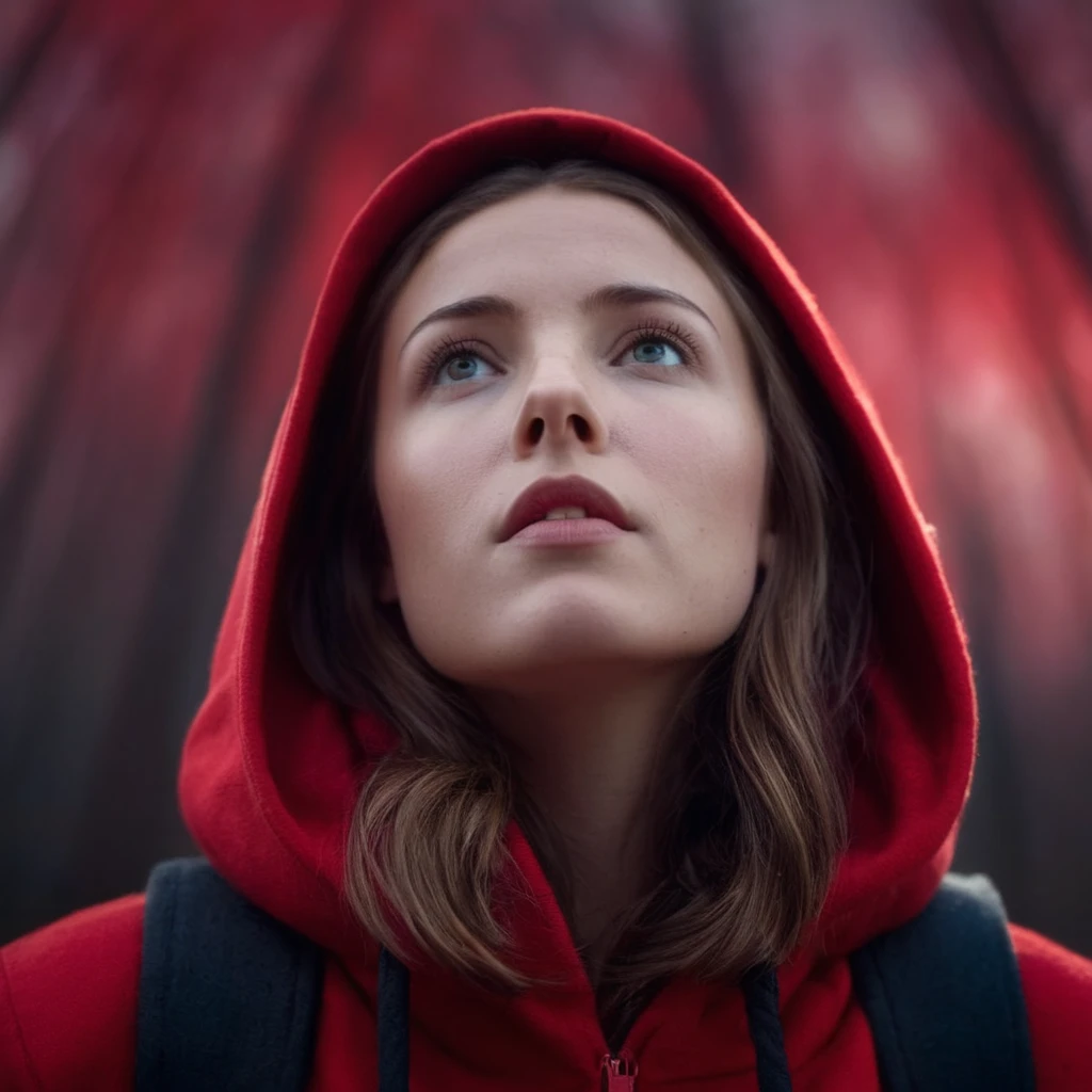 cinematic film still of <lora:Little Red Riding Hood style:1.2>
low angle from below of a woman in a red hoodie stares up at sky in the background Little Red Riding Hood Style, shallow depth of field, vignette, highly detailed, high budget, bokeh, cinemascope, moody, epic, gorgeous, film grain, grainy