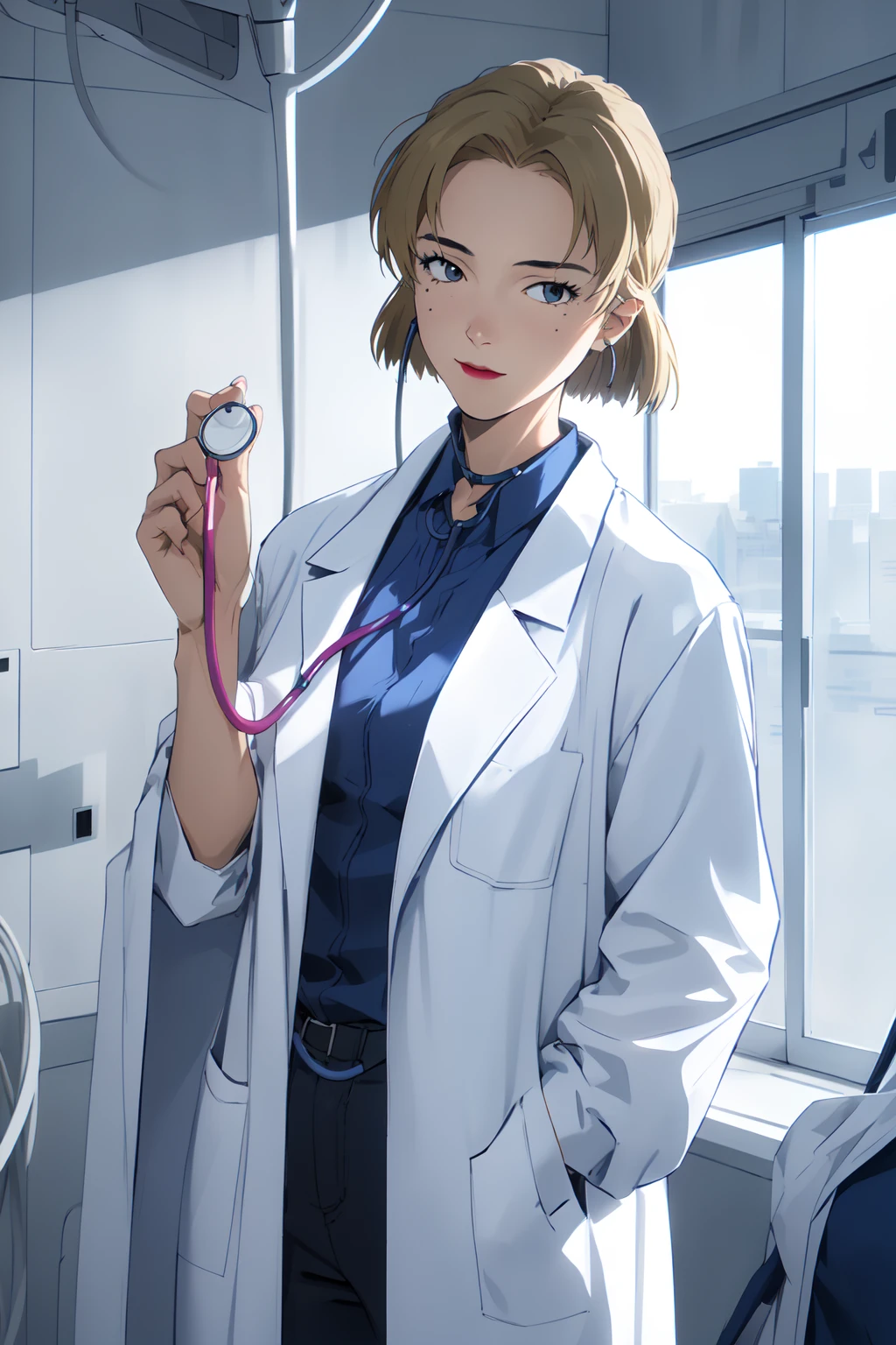 (RAW photo, best quality), 1girl, natural lighting, hospital, solo,
<lora:concept_stethoscope_listen_v2_1-000004:1>, detailed face,
stethoscope_listen,
labcoat, <lora:evangelion_ritsuko_akagi_v2_2:1> ritsuko akagi
