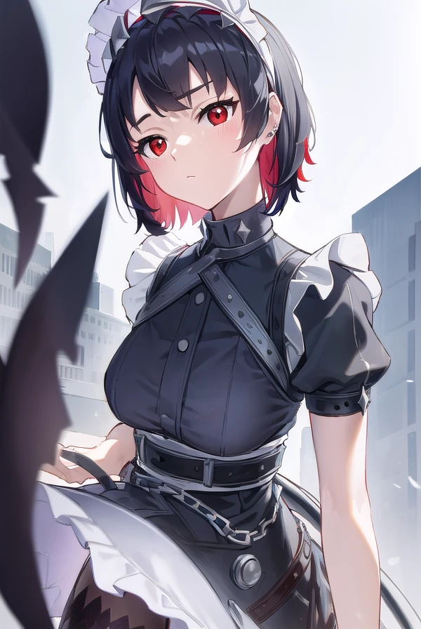 ellenjoe, <lora:ellen joe-lora-nochekaiser:1>,
ellen joe, black hair, colored inner hair, multicolored hair, (red eyes:1.3), red hair, short hair, two-tone hair,
BREAK bapron, black pantyhose, black shirt, black skirt, ear piercing, fins, fish tail, maid, maid apron, maid headdress, pantyhose, piercing, puffy short sleeves, puffy sleeves, shark girl, shark tail, shirt, short sleeves, skirt, tail, two-tone hair, wrist cuffs,
BREAK outdoors, city, sky, clouds, sun, buildings, crowd, people, alley,
BREAK looking at viewer, (cowboy shot:1.5),
BREAK <lyco:GoodHands-beta2:1>, (masterpiece:1.2), best quality, high resolution, unity 8k wallpaper, (illustration:0.8), (beautiful detailed eyes:1.6), extremely detailed face, perfect lighting, extremely detailed CG, (perfect hands, perfect anatomy),