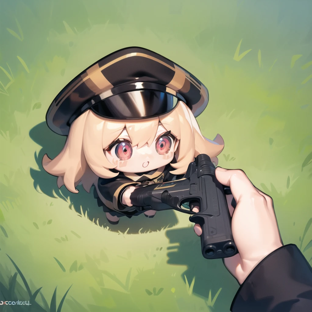anzhcgodoacrime, from above, chibi, pov, holding gun, outdoors, grass <lora:AnzhcGoDoACrime2_118390:1>