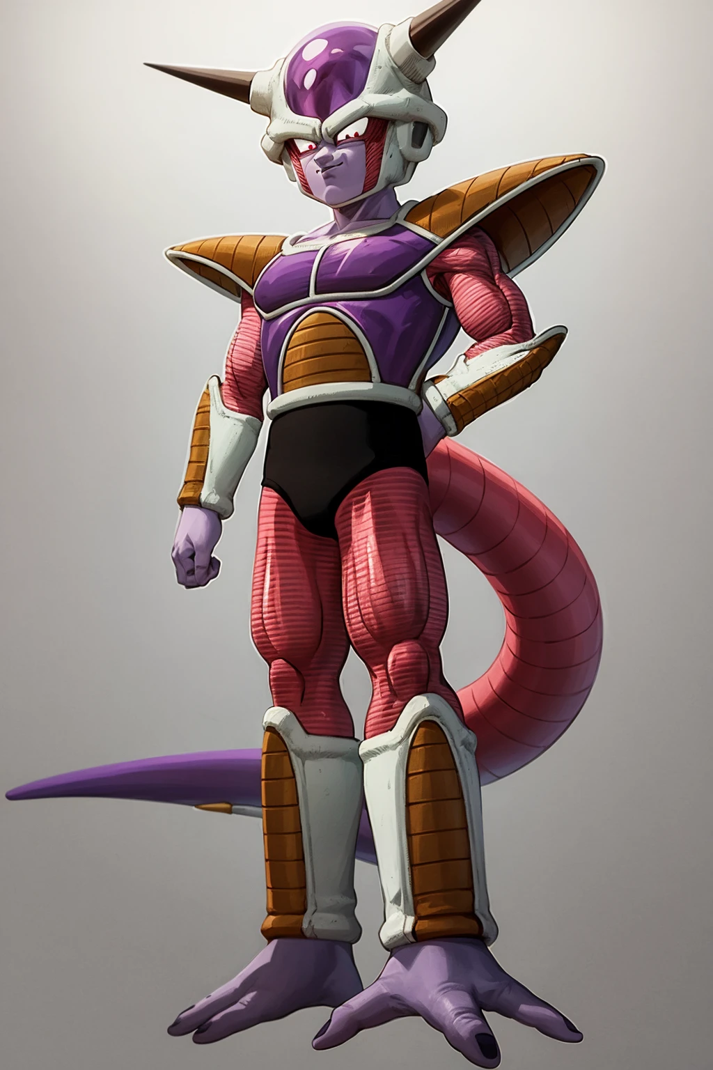 masterpiece, best quality, frieza, 1boy, red eyes, horns, clenched hands, saiyan armor, tail, full body, looking at viewer, standing, simple background <lora:FriezaFirstForm:1>