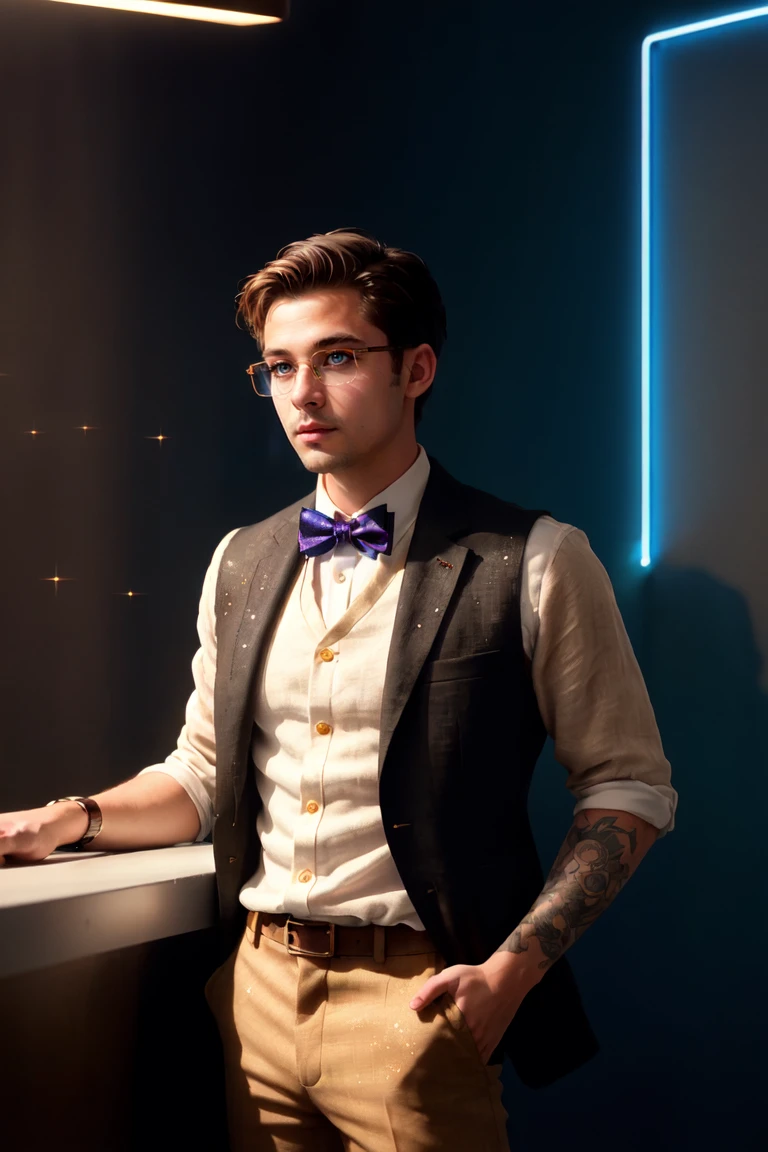 (masterpiece, best_quality, ultra-detailed, (simon petrikov), immaculate:1.3), epic, illustration, render, volumetric lighting, welcoming, see-through gossamer, in Japan, 1boy, male focus, white eyes, fluffy hair, short hair, curly hair, antique eyewear, glasses, two tone hair, brown hair, streaked hair, white streak, black linen vest, yellow shirt, bow tie, brown linen jacket, brown linen pants, (inked lines, LUT Like a Movie, sparkles, glitter), (lens flare, light leak, prismatic), shiny skin, wind swept hair, cg, (side-lighting, studio lighting, neon lighting, Rembrandt Lighting, specular highlights, specular reflection, tone mapping, detailed eyes, detailed face, detailed cloth, extreme light and shadow), wide shot, upper body, bar scene, cafe scene, extreme light and shadow, indoors, official art, (tumblr sexy twink man)