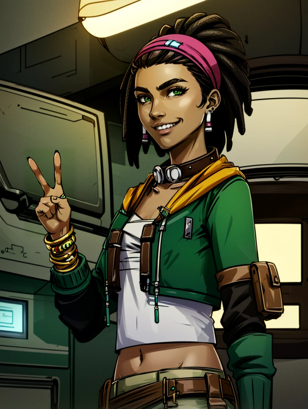 ((best quality)), ((masterpiece)), (detailed), <lora:SashaTFTB:0.7> sashatftb, headband, hairband, green eyes, dark skin, 1girl, solo, jewelry, earrings, dark-skinned female, brown hair, dreadlocks, hairband, pastoutfit, goggles around neck, midriff, navel, crop top, jacket, looking at viewer, smile, teeth, (peace sign with hand:1.2), spaceship, medical room, rusty