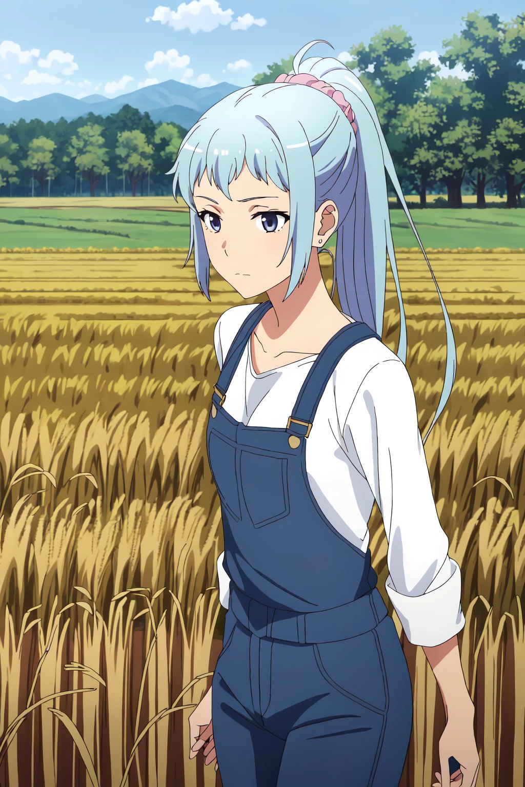 ((best quality)),((highly detailed)),masterpiece,absurdres,detailed face,beautiful face,(detailed eyes, deep eyes),(1girl),((dynamic pose)), 1girl, solo, <lora:SakiV1.4:0.6>,saki, ponytail, long hair, blue hair, purple eyes, pink scrunchie, rural fields, overalls, walking posture, golden wheat fields, idyllic countryside, gentle breeze, verdant pastures, sun-kissed ambiance, straw hat, leisurely stroll, serene expression, rural tranquility, casual attire, detailed face, bucolic scenery, cowboy shot