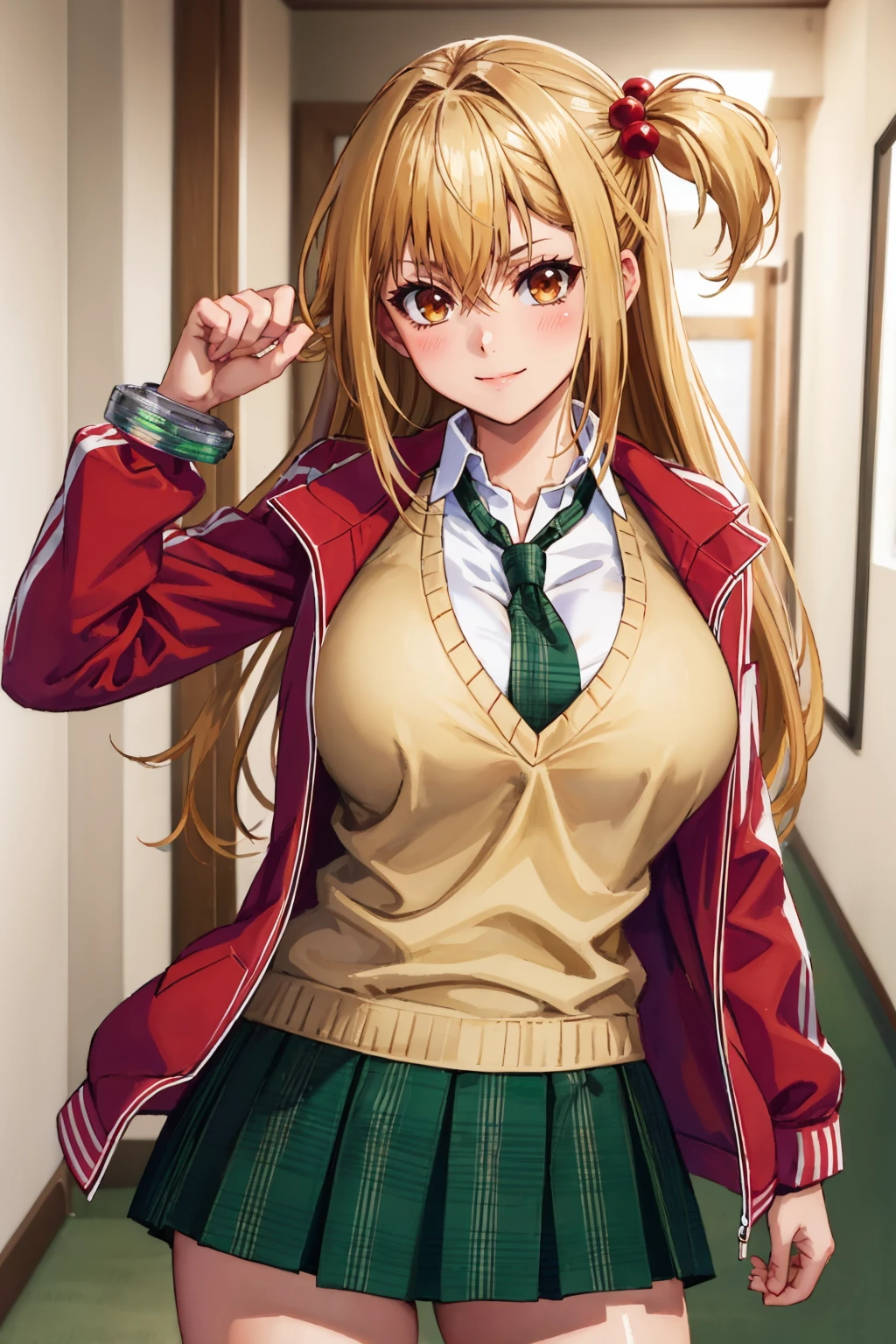 masterpiece, best quality, 1girl, solo <lora:amagakeyuri-nvwls-v1-000010:0.9> amagake yuri, hair ornament, red jacket, yellow sweater vest, green necktie, green skirt, fist, furrowed brow, smile, looking at viewer, hallway, large breasts