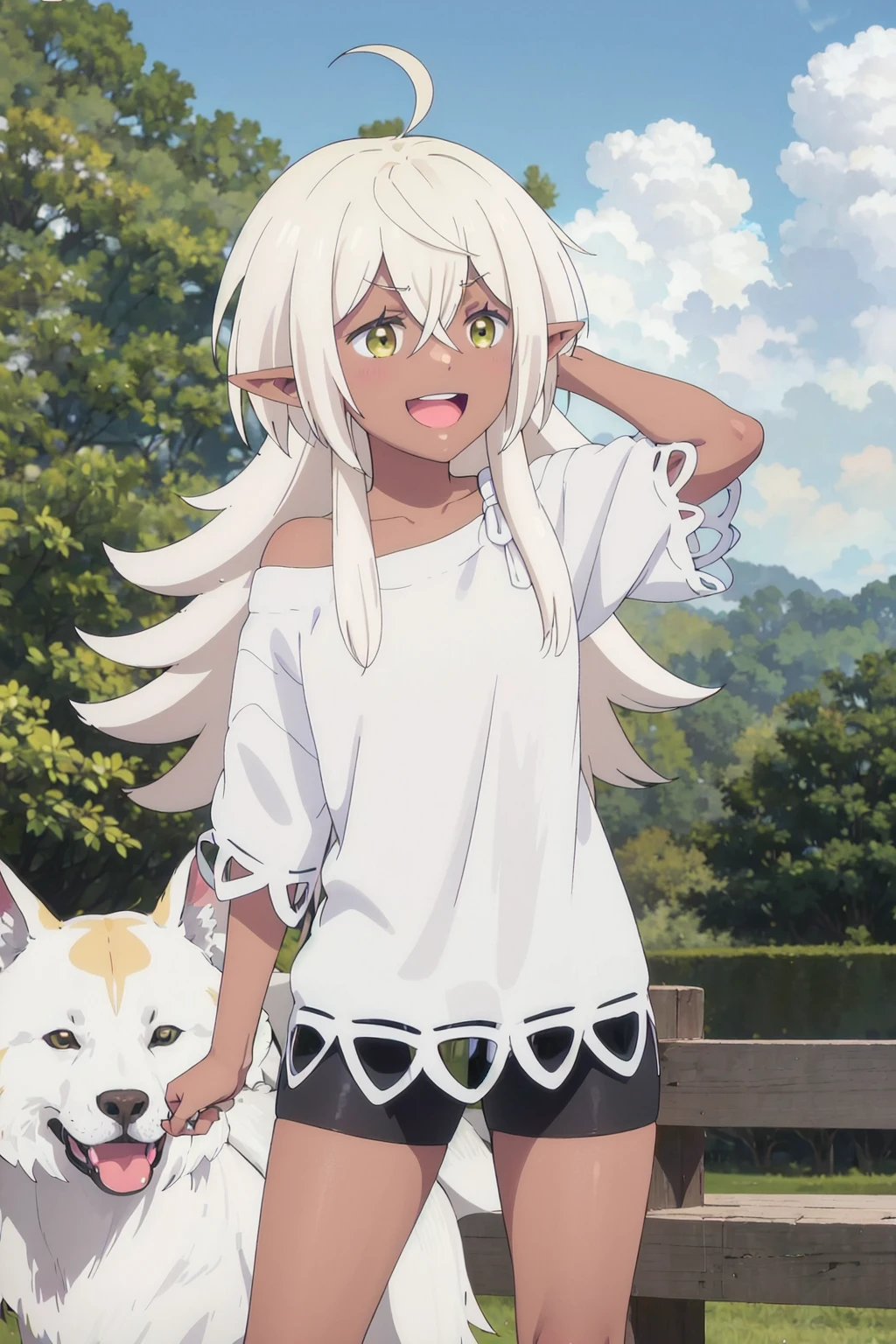 <lora:ikenaiDorothea:1>, ikenaidorotea,pointy_ears,shorts,shirt,:d,happy,