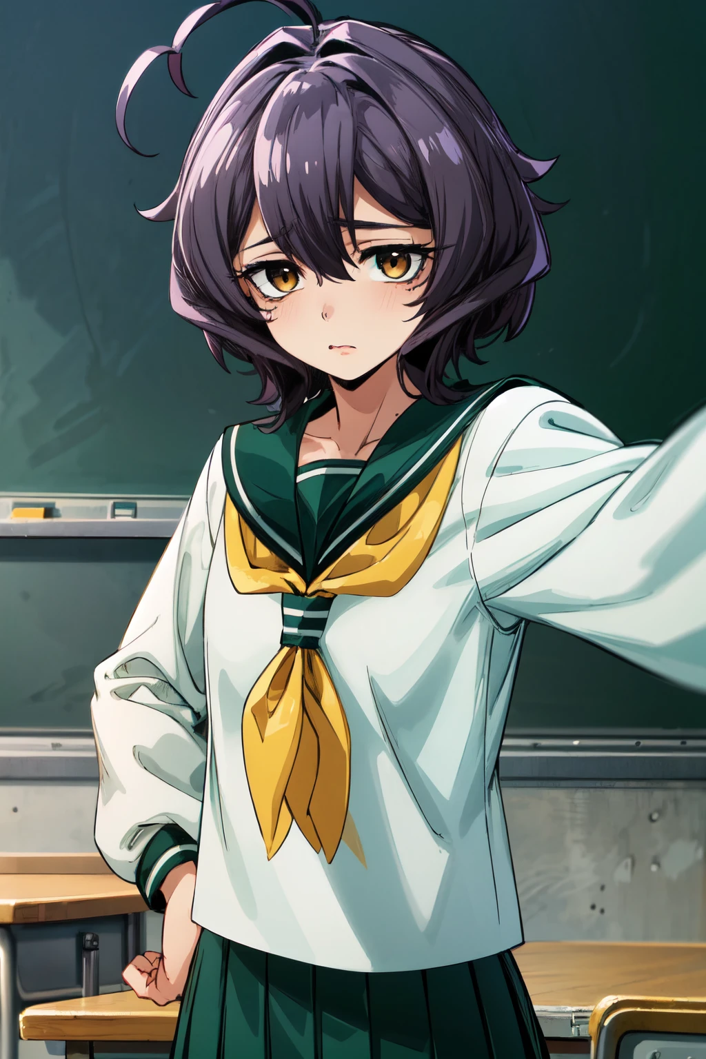 <lora:more_details:0.6>,  <lora:Hiiragi_Utena-08:0.7>, utena1_wz, short hair, purple hair, ahoge, brown eyes,hair between eyes, school uniform, skirt, serafuku, green skirt, pleated skirt, long skirt, sailor collar, yellow neckerchief, long sleeves, bangs, white shirt, classroom, pov, selfie,, (highres:1.2),(ultra-detailed:1.2),[high dynamic range lighting],(masterpiece:1.3), (best quality),highly quality, intricate details,(extremely detailed CG unity 8k wallpaper:1.2),best shadow,(extremely detailed fine touch:1.2), (high resolution), (8K), (extremely detailed), (4k), (pixiv), perfect face, nice eyes and face, (super detailed), detailed face and eyes, textured skin, absurdres, highres