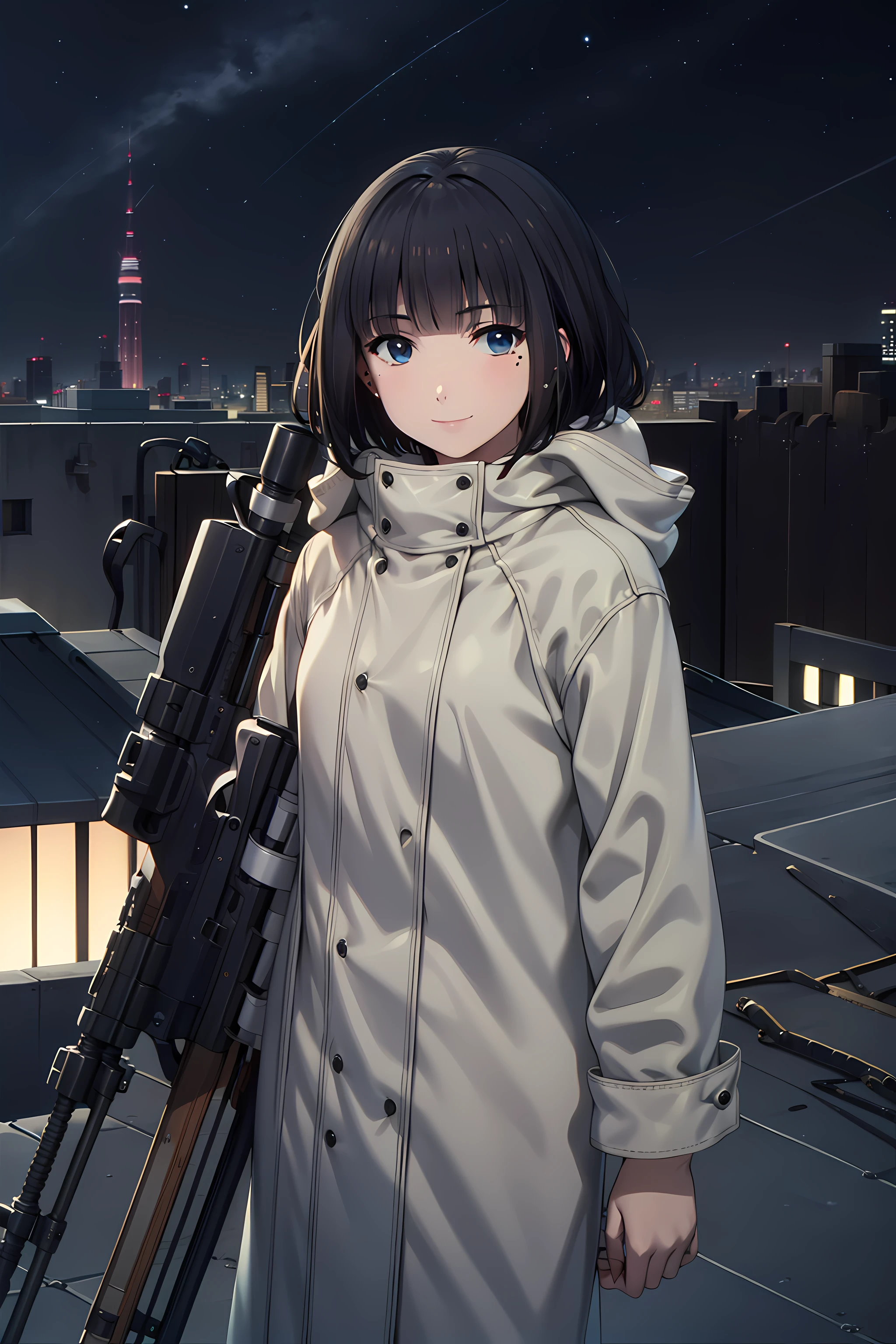 best quality, masterpiece, detailed,
<lora:DarwinsGame_KashiwagiRein:0.8>, KashiwagiRein,
solo, closed mouth, light smile,
short hair, brown hair, blue eyes, glowing eyes, mole under eye, blunt bangs,
ReinCoat, hooded coat, white coat, sniper rifle,
standing, looking at viewer,
night, sky, skyscraper, city, rooftop, <lora:style_night:0.3>,