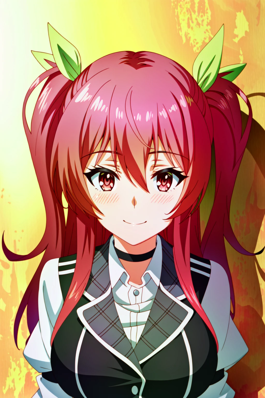 (anime coloring),(masterpiece),(best quality),(ultra-detailed),(best illustration),(best shadow),(absurdres),(detailed background), <lora:OGT_Stella_Vermillion-v2:0.7> Stella Vermillion, 1girl, red hair, solo, smile, red eyes, two side up, blush, choker, looking at viewer, long hair, closed mouth, upper body