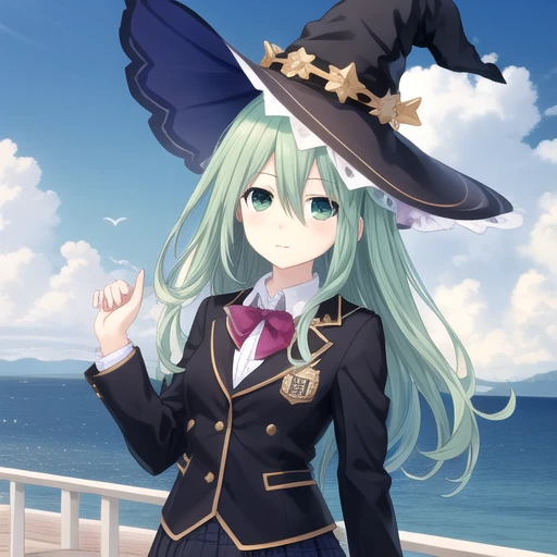 ((masterpiece)),(best quality),official art,extremely detailed CG,unity 8k wallpaper,ultra detailed,A lighthouse on a cliff by the sea,1girl,solo,upper body,looking at viewer,natsumi (date a live),witch hat,messy long hair,green hair,green eyes,bangs,blush,hair between eyes,floating hair,black thighhighs,black jacket,white shirt,pleated skirt,school uniform,zettai ryouiki,loafers,<lora:Natsumi(dal)>,<lora:TSNeptunia-000045:0.5>,