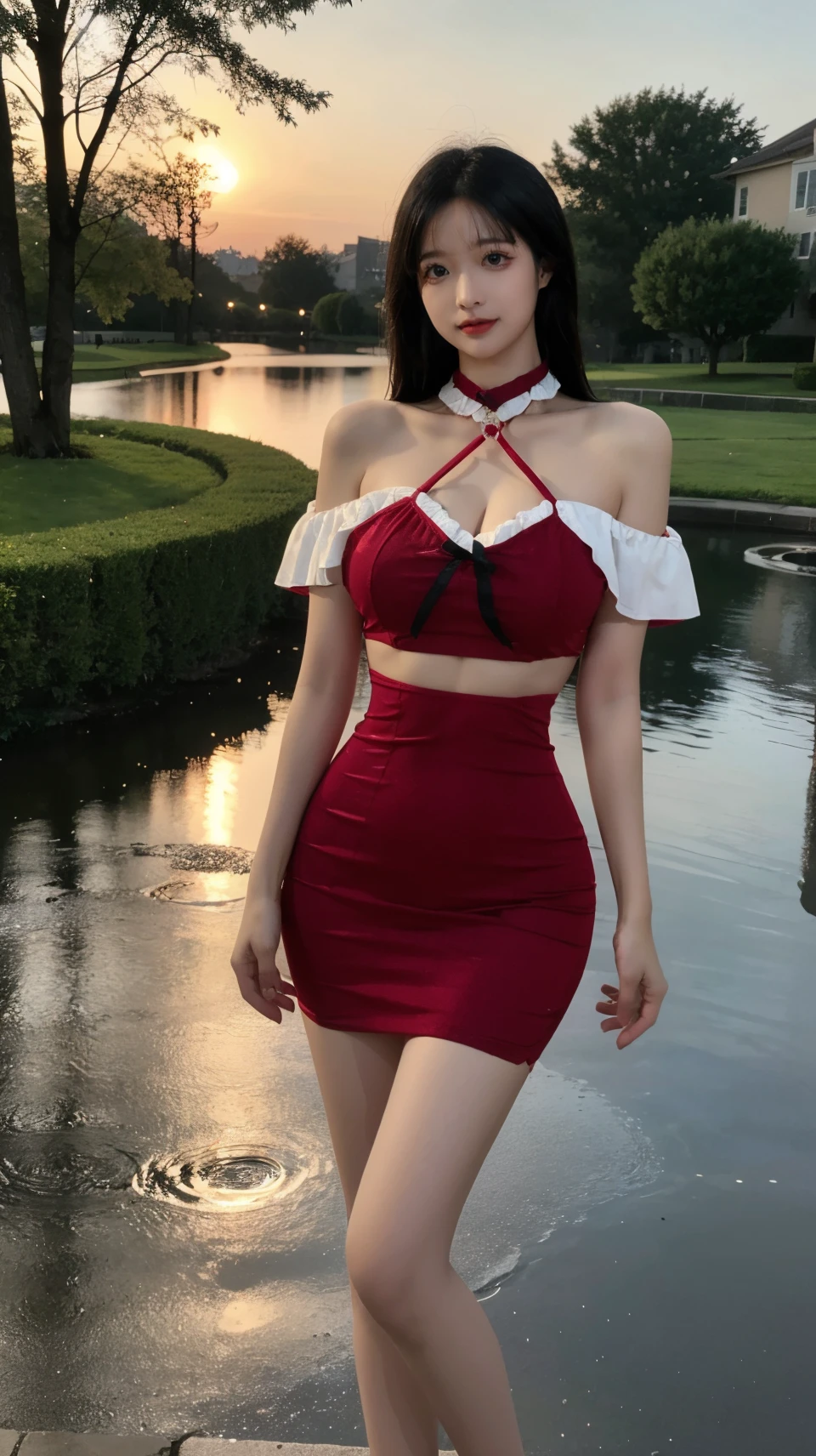 best quality,HDR,UHD,8K,Vivid Colors,solo,front mirror,photo_,(medium),cute & girly,(1girl:1.3),(standing:1.3),wet,outdoors,(evening:1.2),(looking at viewer:1.4),rc,dress,midriff,off shoulder,Elegant,Angelic,detailed gorgeous face,<lora:rc46:0.75>, rc,