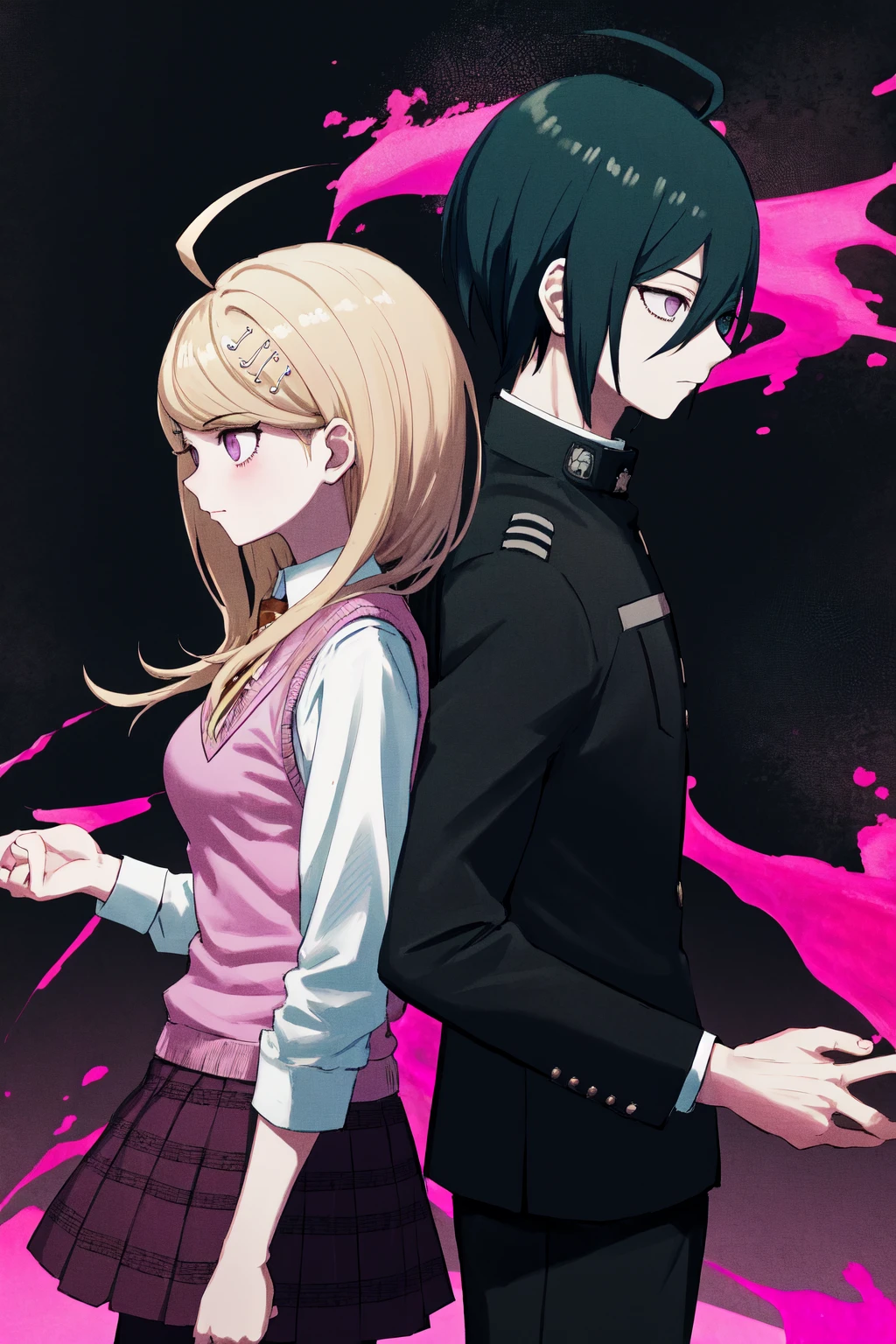 masterpiece, best quality, highres, 1boy shuichi jacket black pants, 1girl kaede sweater vest purple skirt white shirt <lora:shuichi_kaede:1> back-to-back, pink blood