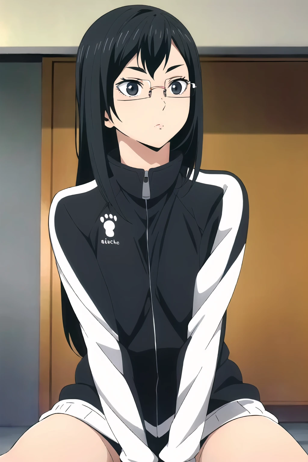 ((best quality)),((highly detailed)),masterpiece,absurdres,detailed face,beautiful face,(detailed eyes, deep eyes),(1girl),((dynamic pose)), <lora:KiyokoV1:0.6>,Kiyoko, 1girl, solo, glasses, black hair, jacket, grey eyes, long hair, sitting, paw print, mole, mole under mouth, track jacket, upper body, rimless eyewear, closed mouth, long sleeves, black jacket, zipper, looking away, indoors, looking to the side, bangs, semi-rimless eyewear, high collar, expressionless, mole under eye, track suit