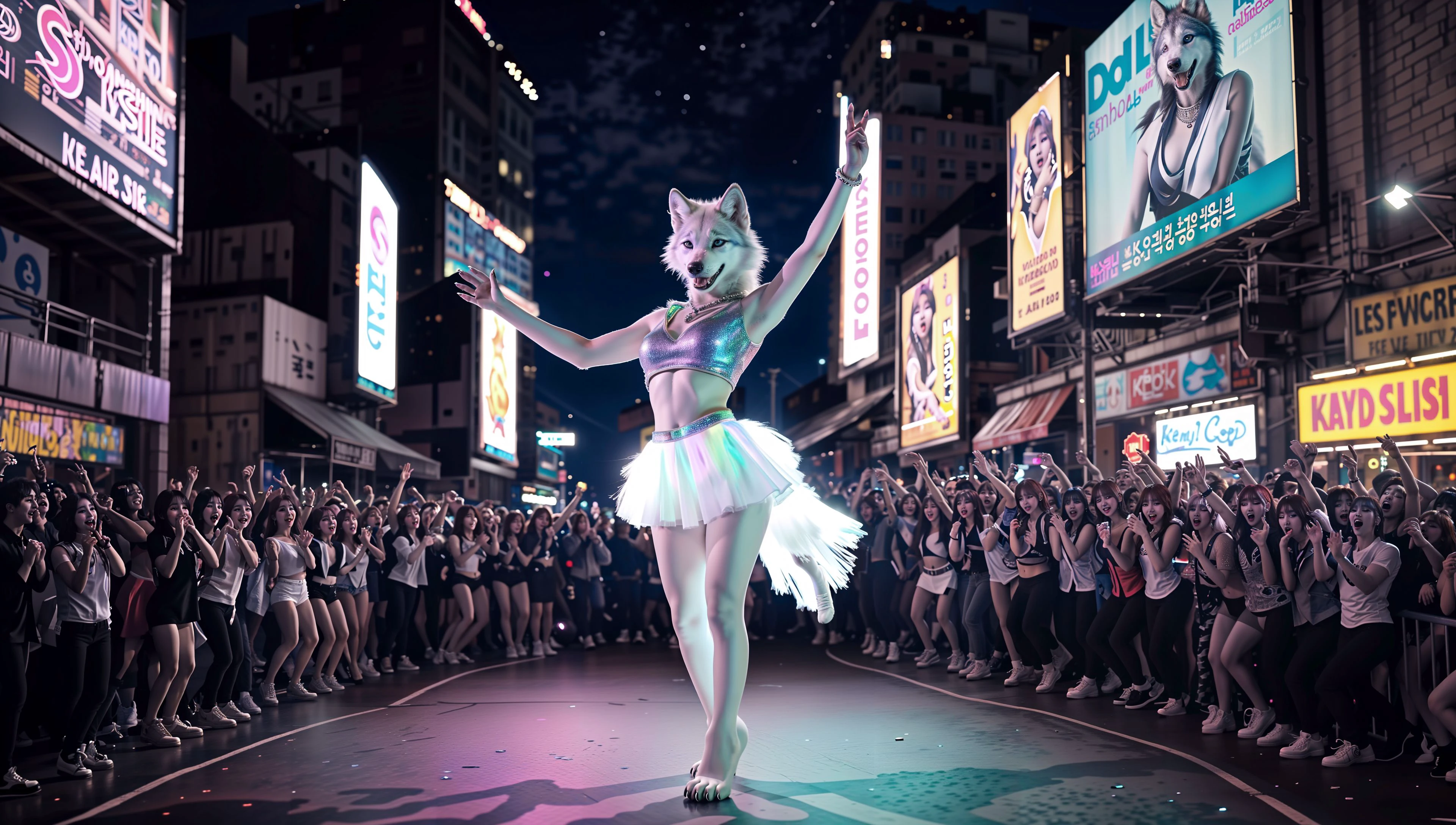 detailed background, bustling cityscape, vibrant neon lights illuminating the night, crowds of fans eagerly waiting, realistic anthro wolf, female, (furry white wolf k-pop star:1.2), (body fur:1.2), (sleek and slender physique with graceful movements:1.1), (pearlescent white fur that shimmers under the city lights), (stylish and fashionable wardrobe)consisting of trendy outfits, mesmerizing((ice-blue eyes:0.9)that sparkle with charisma and charm), elaborate stage presence with energetic dance routines and captivating vocal performances, (fans screaming in adoration), (billboard advertisements featuring the k-pop star's latest album)
BREAK
detailed fur, realistic fur, neat limbs, glistering fur, detailed paws, detailed snout, detailed eyes, 
masterpiece, detailed lighting, detailed shadows, realistic lighting, realistic shadows, warm soft light, subsurface scattering, light rays