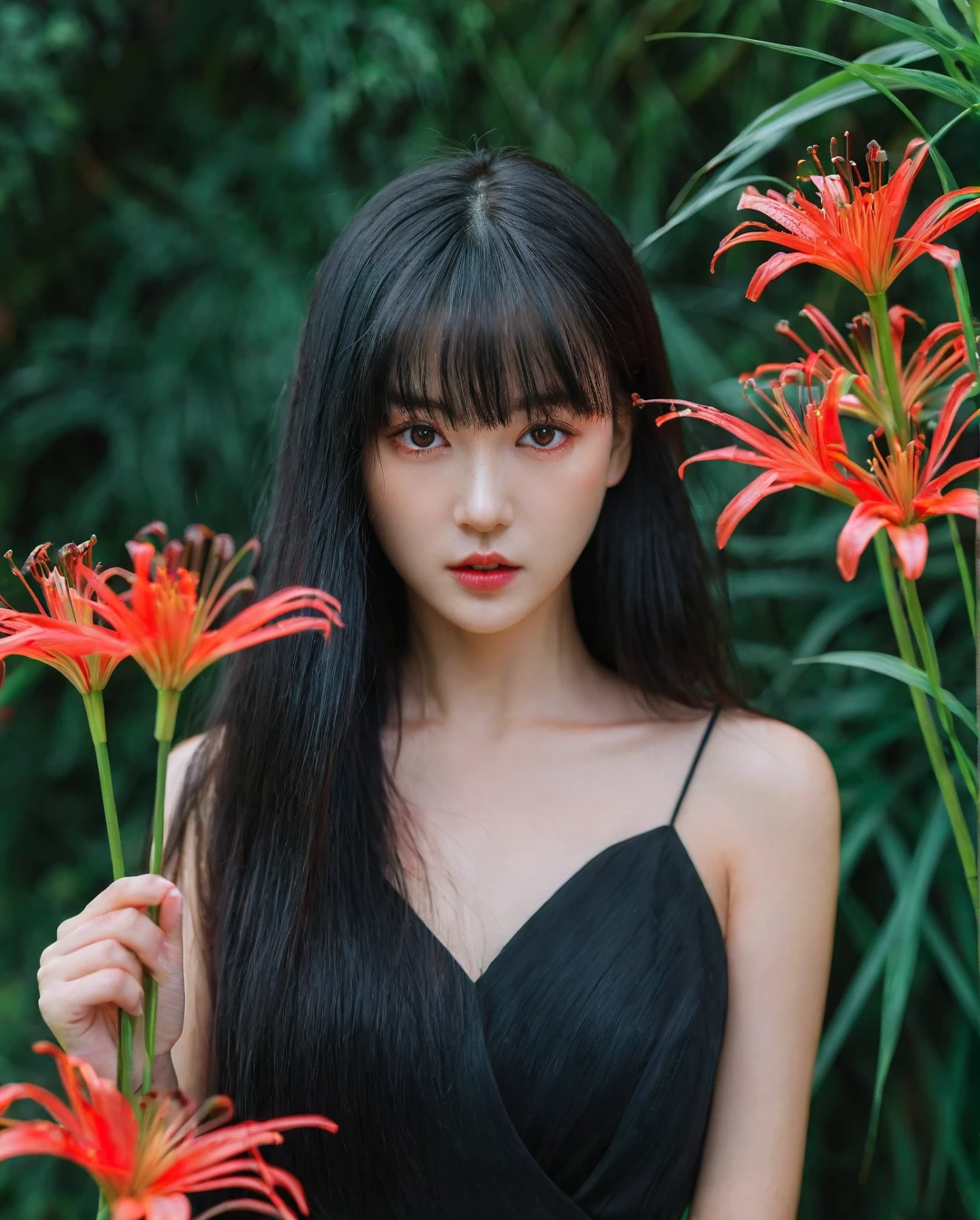 (best quality:1.4), (ultra highres:1.2), (photorealistic:1.4), (8k, RAW photo:1.2),(portrait shot:1.3), _jbright__, 1girl, solo,long hair,bangs, red eyes, black hair, black dress,outdoors,realistic,blurry background,Perfect Hands, red spider lily, <lora:_jbright__-000045:0.2>, <lora:neg4all_bdsqlsz_xl_V7:0.8>, <lora:Perfect Hands:0.8>