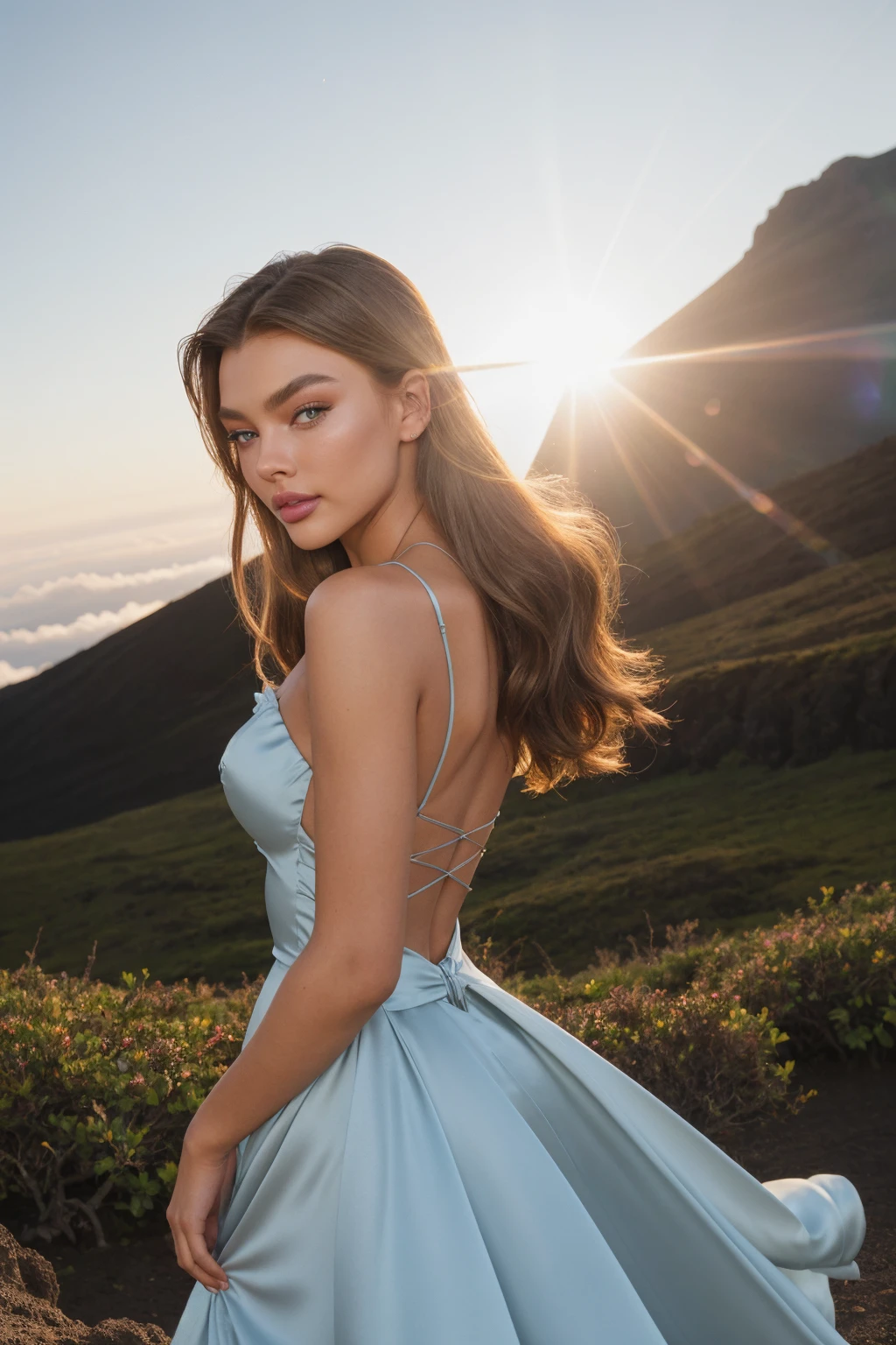 (Art Photography, Award Winning) 21yo DV_Medusa_Vicious is wearing (a light blue satin dress:1.3) a hair flower at Haleakala National Park Hawaii (Steve McCurry, 35mm, F/2.8), (Photo Focus, DOF, Aperture, insanely detailed and intricate, character, hypermaximalist,  beautiful,  revealing, appealing, attractive, amative, hyper realistic, super detailed)(DOF, blurry background, sunset in the back of the character)(Lens Flare, Heresy flare:1.3) (skinny body, fit body, slim, abs) (hairs is flowing in the wind) smiling,