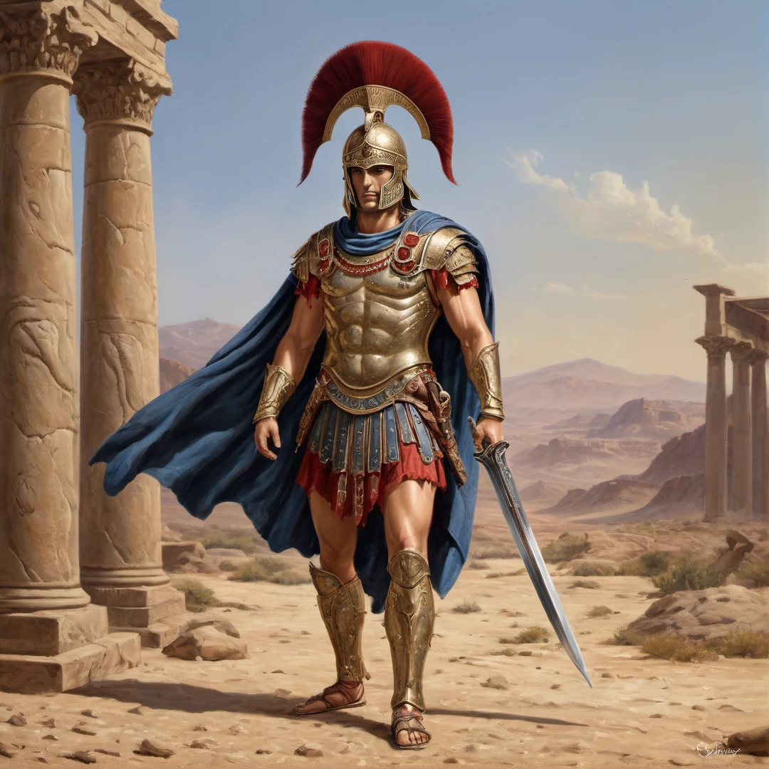 a classical oil painting of achilles, (spartan champion warrior), old spartan armor, double-plumed spartan helmet, helmet spikes, engraved iron cuirass, engraved, with crimson and black details, blood spattered, holding a sword, longsword, (black | navy-blue) cloak, full body portrait, full height photograph, perfect lighting, highly detailed, intricate, facing viewer, masterpiece, 4K, 8K, artstation, ancient ruins barren egyptian desert background, full shot, sandals, albert bierstadt, greg rutkowski, (in the style of Clyde Caldwell) <lora:Spartan_Armor_XL:0.5> <lora:RPGGuardsXL:0.2>