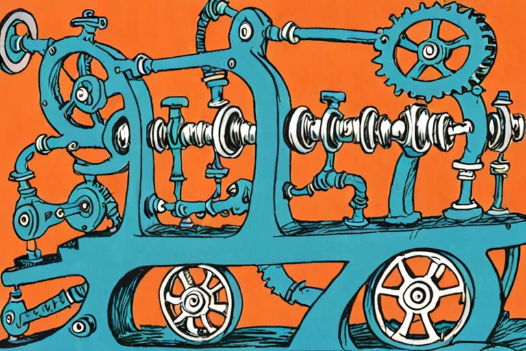 a children's book illustration of  a mechanical machine by Dr. Seuss <lora:Dr._Seuss_Style_XL>