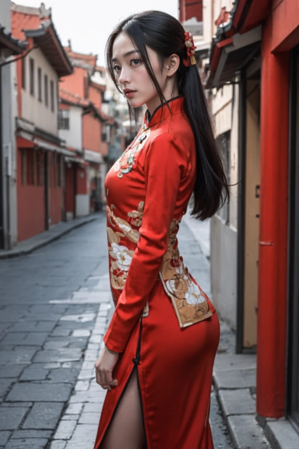 (best quality:1.4),(masterpiece:1.4),(photorealistic:1.4),(Realistic:1.2),(ultra high res, raw photo:1.4),(hdr, hyperdetailed:1.2),(8K:1.2),cinematic photo 1girl,black long hair,<lora:AgainMix_ChineseNewYearSkirt2:1>,chinese clothes,red hanfu,from side,chinese style architecture,New Year's holiday atmosphere,Firecracker,lantern,