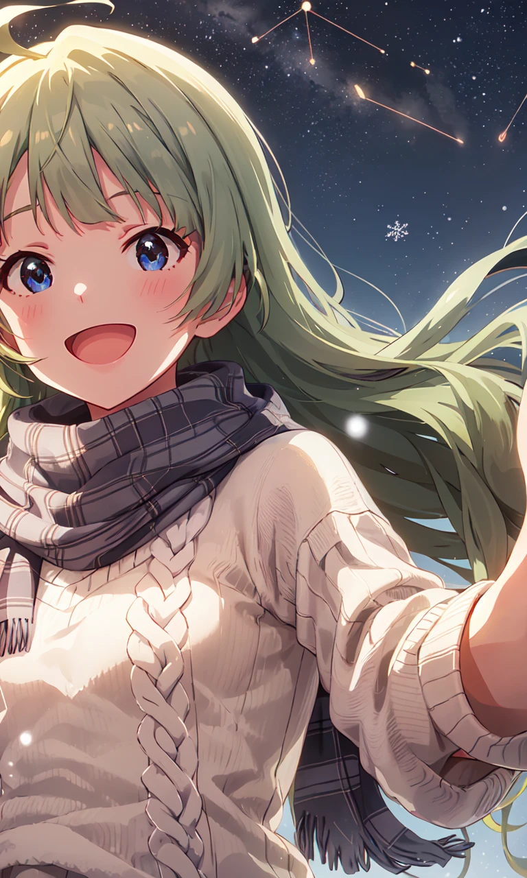elena shimabara (million live), long hair, (best quality, 8K, masterpiece, ultra detailed:1.2)
light particles, wide shot, full body, standing, night, starry sky, constellation,
1girl, solo, smile, :d, dynamic pose, from above, close-up, winter, snowflakes, winter clothes, open cloth, sweater, plaid scarf