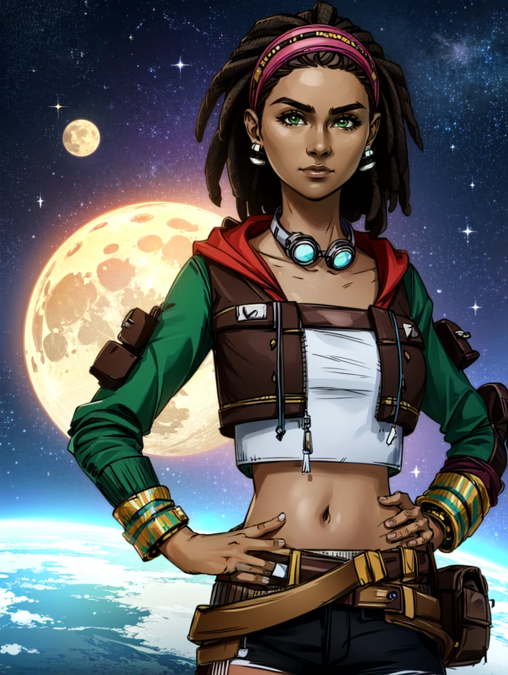 ((best quality)), ((masterpiece)), (detailed), <lora:SashaTFTB:0.7> sashatftb, headband, hairband, green eyes, dark skin, 1girl, solo, jewelry, earrings, dark-skinned female, brown hair, dreadlocks, hairband, pastoutfit, goggles around neck, midriff, navel, crop top, jacket, looking at viewer, hand on hip, space, moon, stars