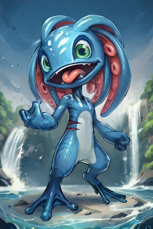 (((masterpiece, best quality))), anime, flat colors, drawing, 8k, stunningly beautiful, highly detailed, depth of field, complex background, BREAK fizz_lol, (amphibian:0.5), solo, full body, tentacle_hair, open mouth, tongue out, gills, (webbed feet:1.2), BREAK smooth skin, standing, river, waterfall <lora:Fizzv5:0.8> <lora:animeoutlineV4_16:0.7>