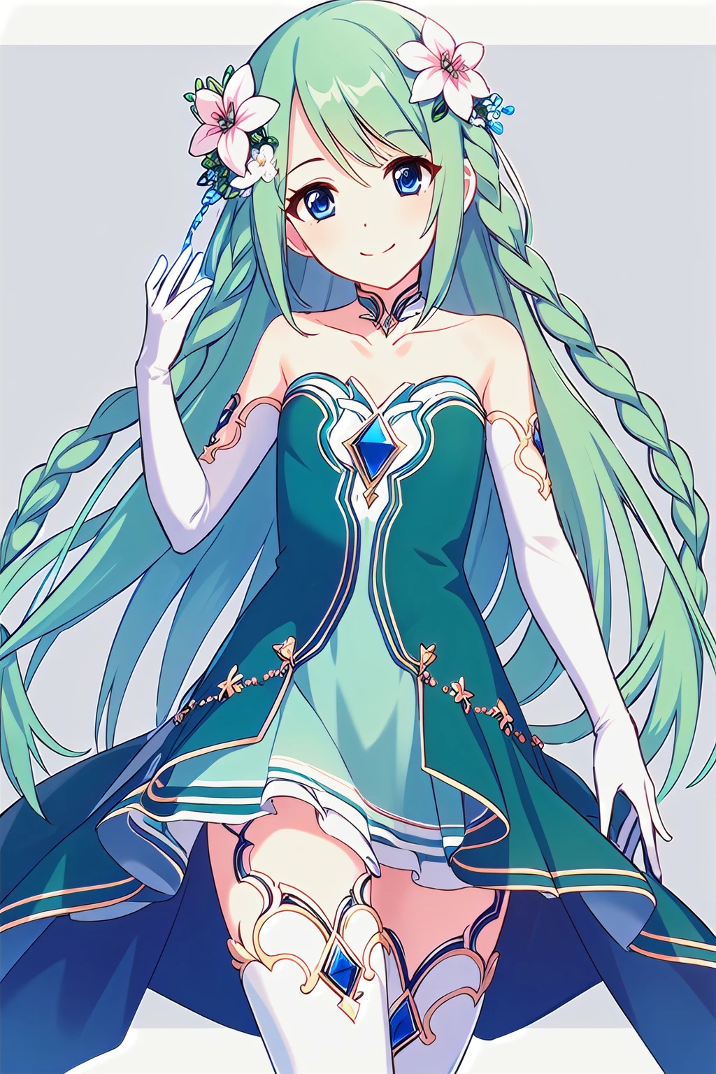 (masterpiece:1.3),(best quality:1.3),<lora:chika:0.7>,<lora:pcr-L:0.3>,smile,, chikadefault,gloves,blue eyes,hair ornament,green hair,thighhighs,elbow gloves,braid,flower,hair flower,bare shoulders,twin braids,strapless dress,strapless,boots,thigh boots,white gloves,very long hair,