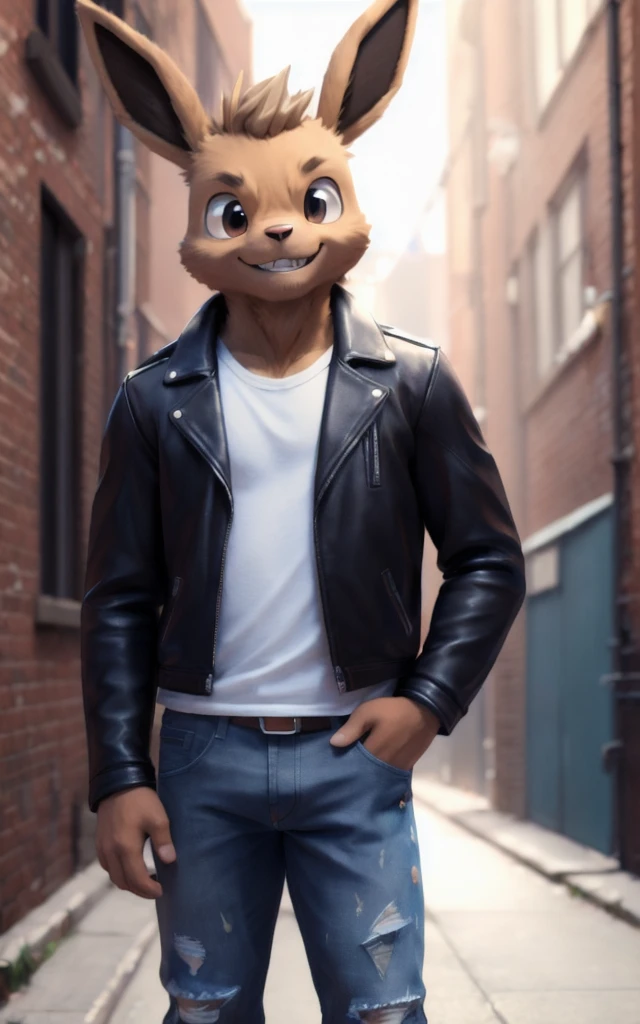 ((masterpiece, best quality:1.4)), bokeh, fluffy, 3d,
furry male, solo, looking at viewer, anthro, cowboy shot, 
smile, teeth, 
 <lora:F1-Furry-Eeveelution:0.95> eevee, hands in pockets, leather jacket, torn jeans, 
alleyway,