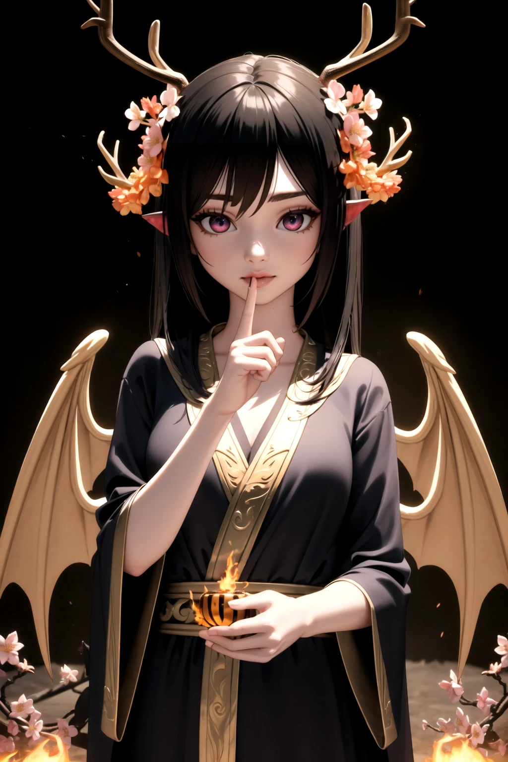 An obsidian demoness with golden wings and antlers, wearing a transparent robe of vines and blossoms, conjuring a fireball in her hand, hyper realistic, detailed, realistic, 3d face, lustrous skin